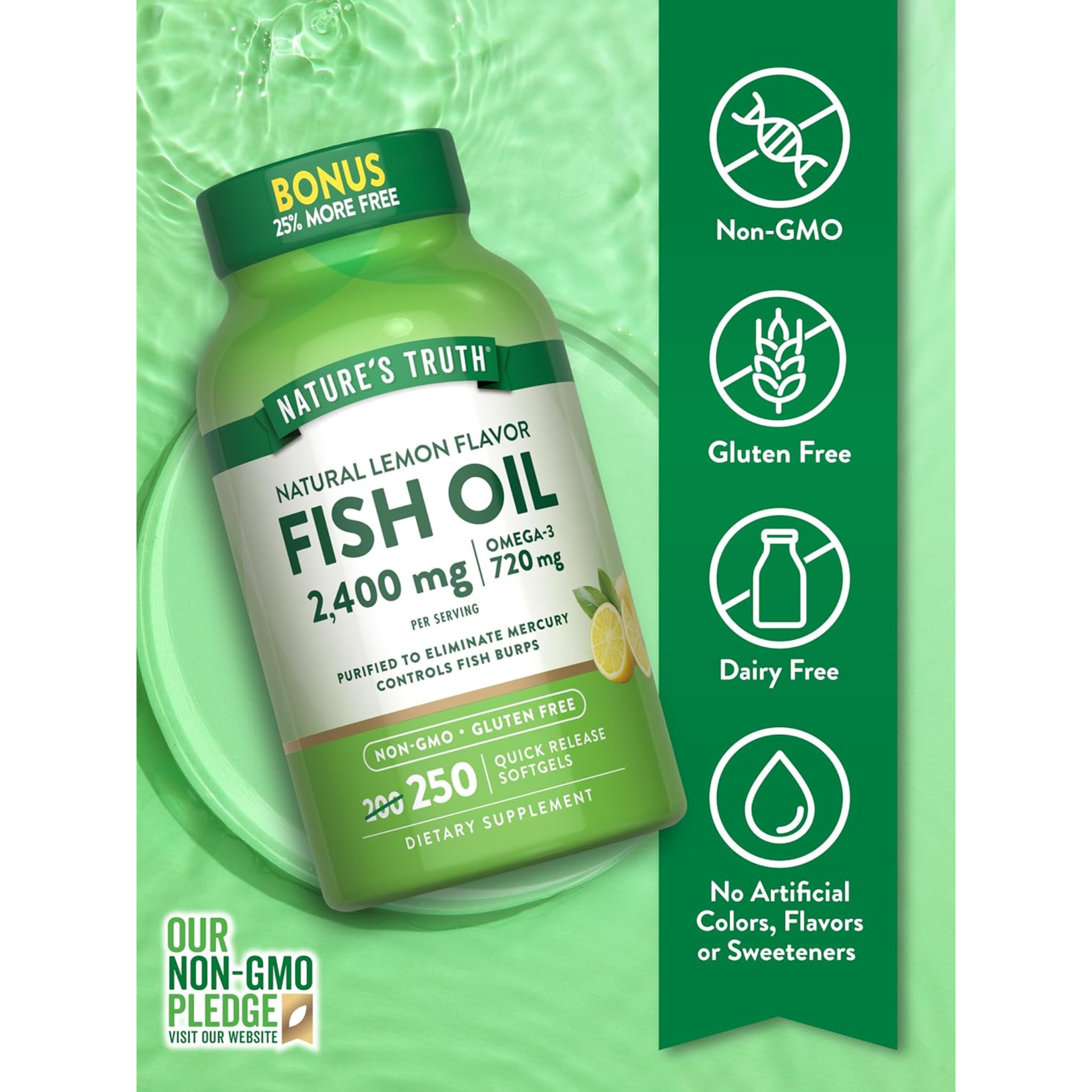 Nature's Truth, Burpless Fish Oil 2400mg, Rich in Omega 3 for Heart and Joint Health, Natural Lemon Flavor, Non-GMO & Gluten-Free, 250 Softgels