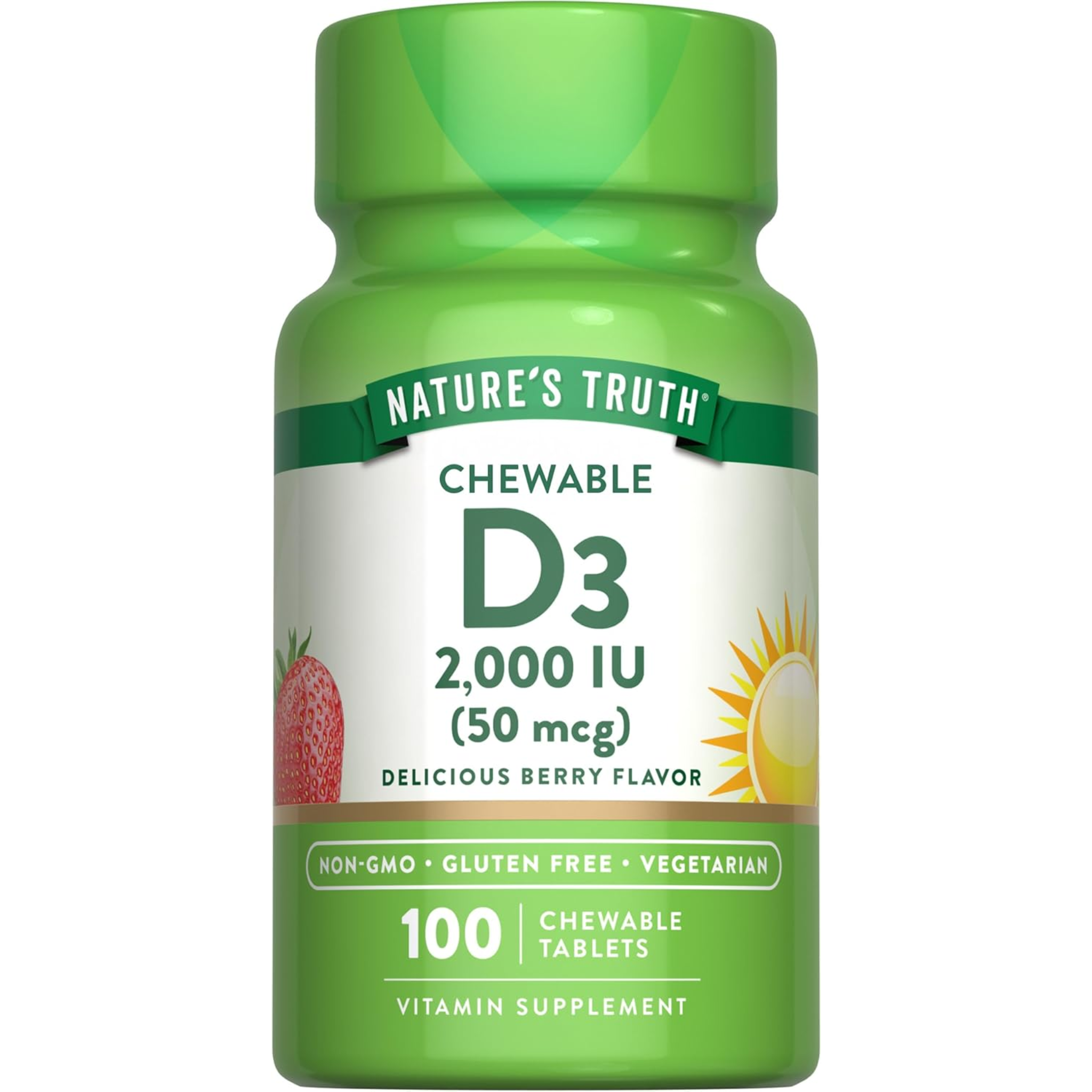 Nature's Truth, Chewable Vitamin D3 2000 IU, Berry Flavor for Bone & Immune Health, Vegetarian, Non-GMO, & Gluten-Free Supplement, 100 Tablets