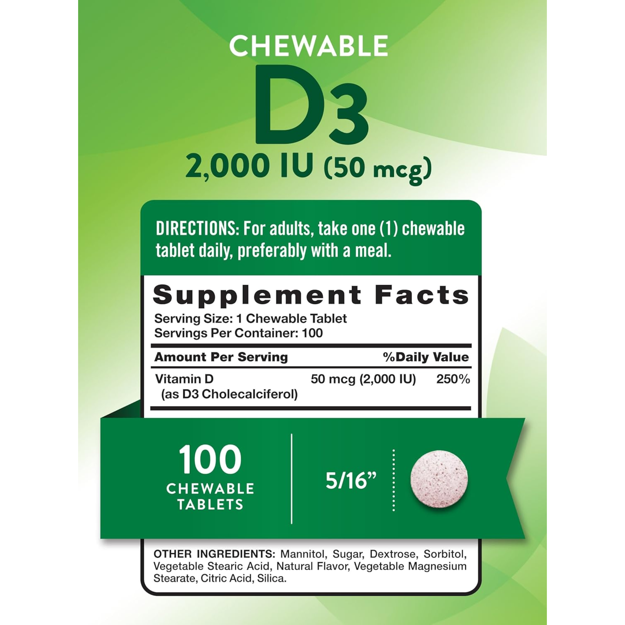 Nature's Truth, Chewable Vitamin D3 2000 IU, Berry Flavor for Bone & Immune Health, Vegetarian, Non-GMO, & Gluten-Free Supplement, 100 Tablets