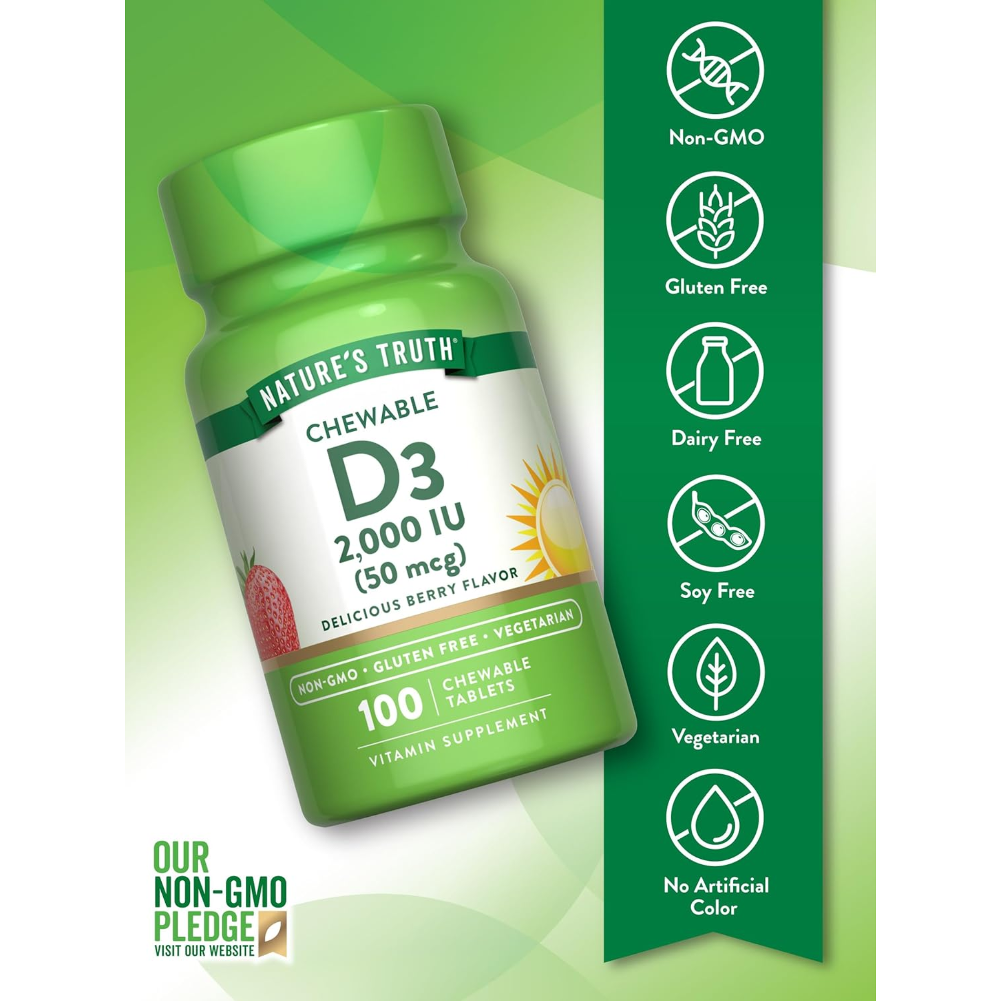 Nature's Truth, Chewable Vitamin D3 2000 IU, Berry Flavor for Bone & Immune Health, Vegetarian, Non-GMO, & Gluten-Free Supplement, 100 Tablets