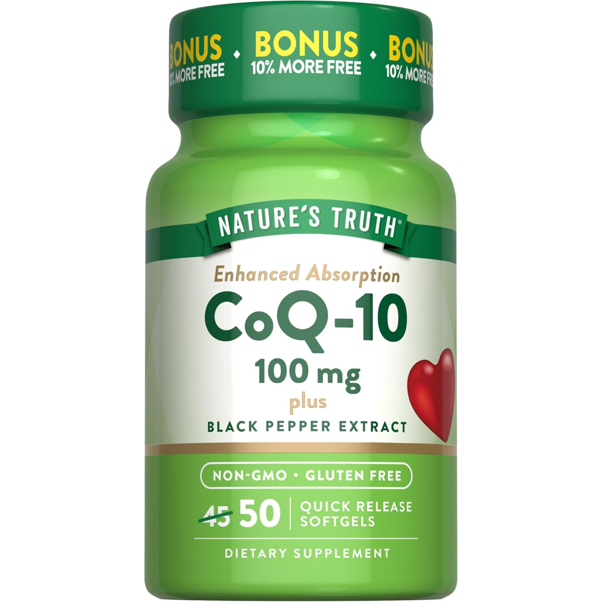 Nature's Truth, CoQ10 100mg Supplement, With Black Pepper Extract for Enhanced Absorption, Non-GMO and Gluten-Free, 50 Softgels