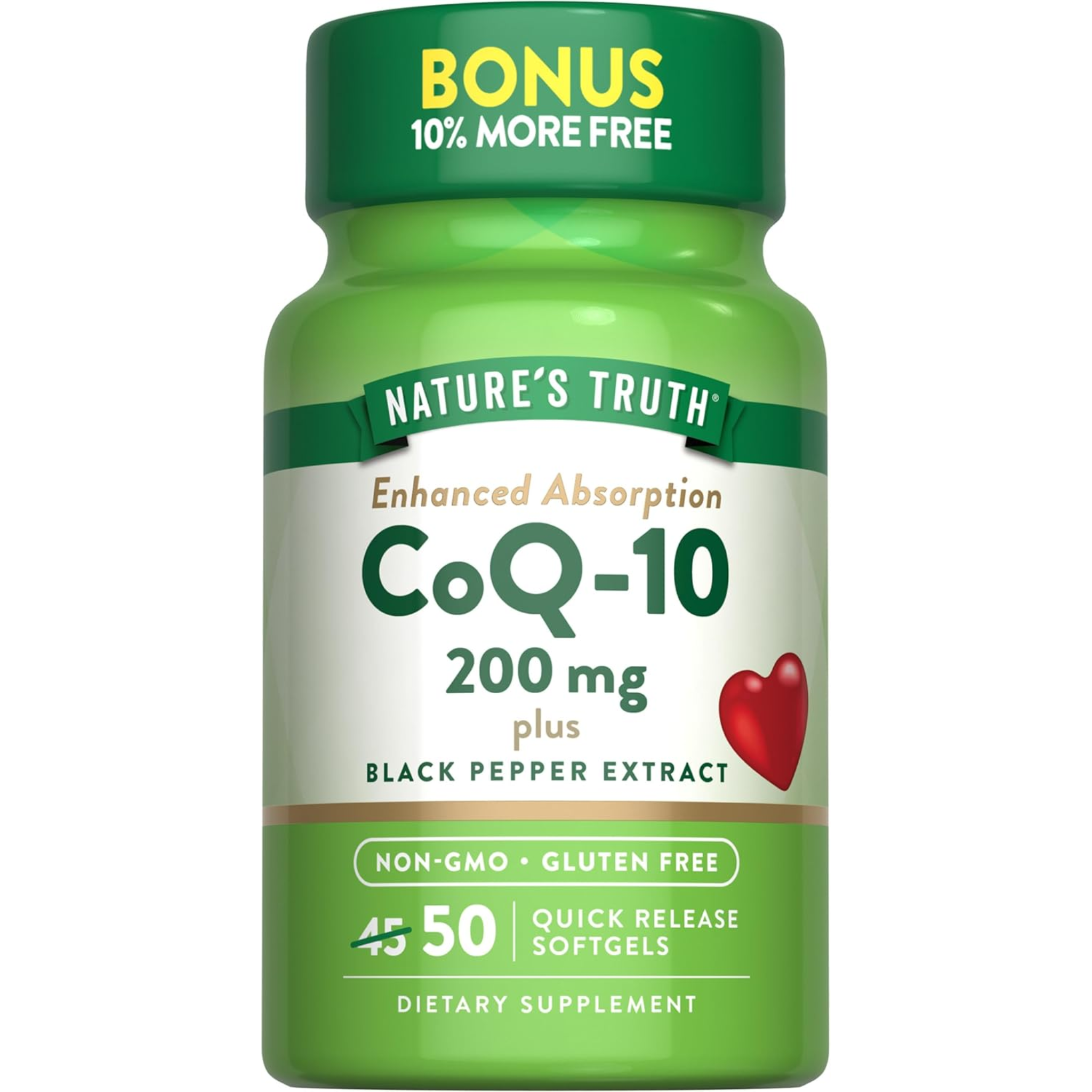 Nature's Truth, CoQ10 200mg Supplement, Enhanced Absorption with Black Pepper Extract, Non-GMO and Gluten-Free, 50 Softgels