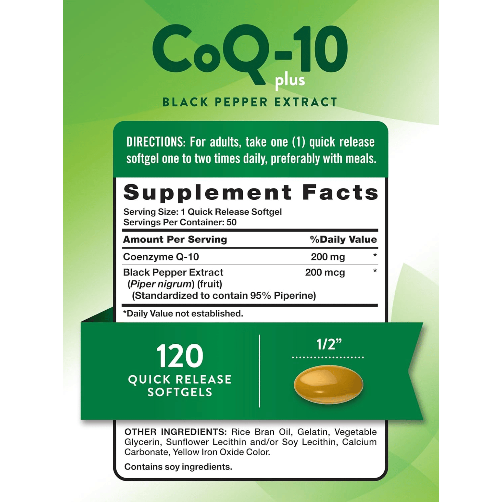 Nature's Truth, CoQ10 200mg Supplement, Enhanced Absorption with Black Pepper Extract, Non-GMO and Gluten-Free, 50 Softgels