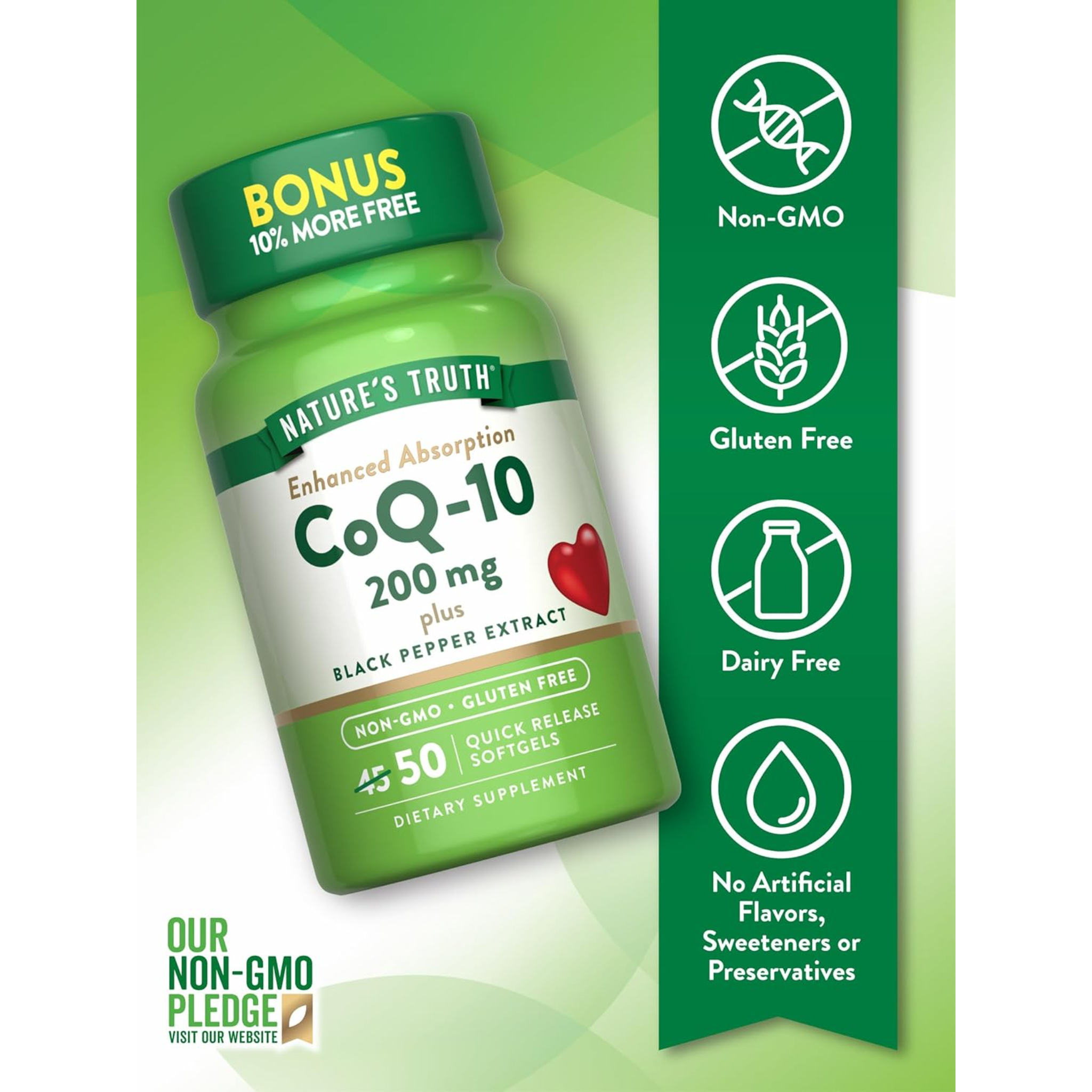 Nature's Truth, CoQ10 200mg Supplement, Enhanced Absorption with Black Pepper Extract, Non-GMO and Gluten-Free, 50 Softgels