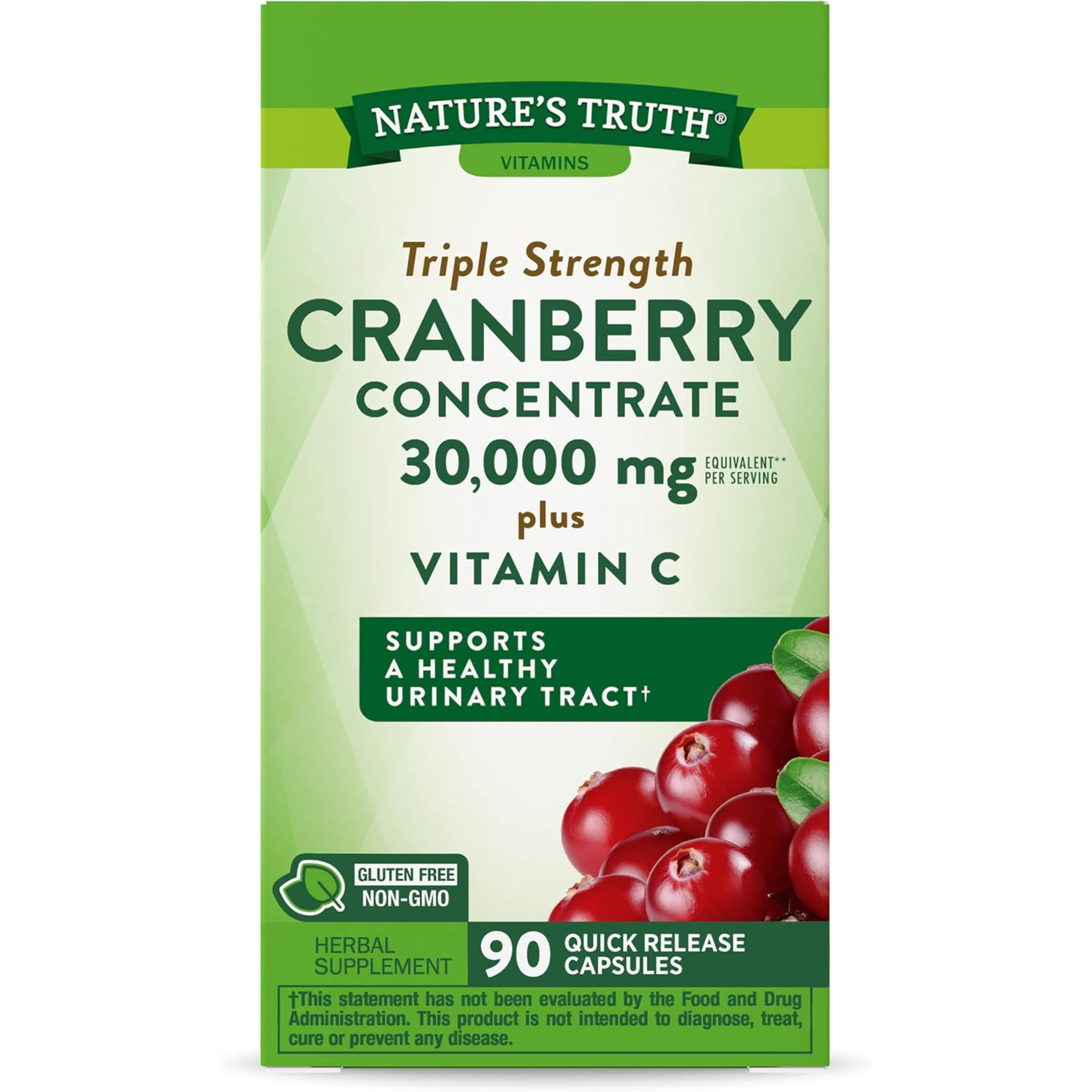 Nature's Truth, Cranberry Concentrate 30,000mg Plus Vitamin C, Non-GMO & Gluten-Free Supplement, Triple Strength Support, 90 Capsules