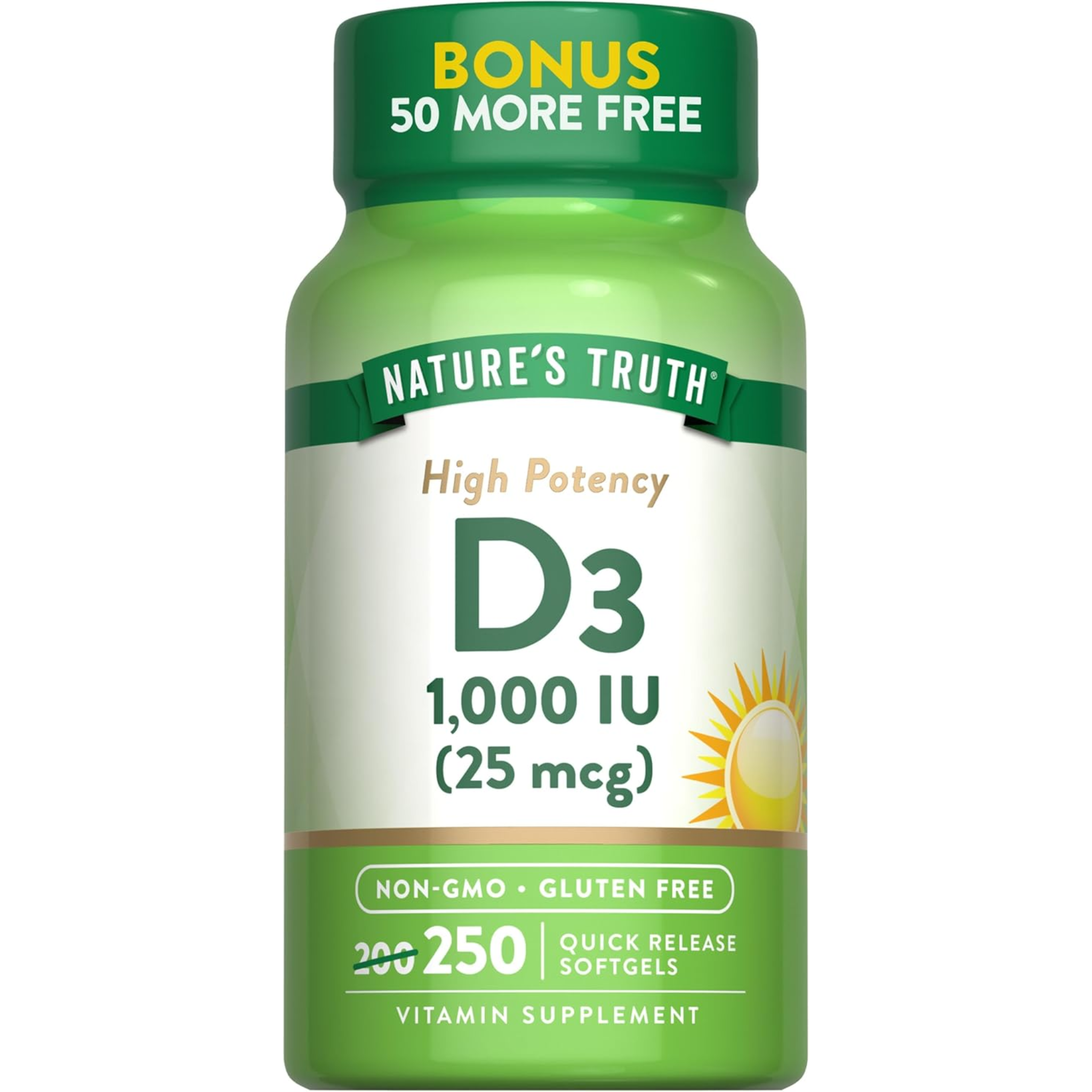 Nature's Truth, D3 1000 IU, Essential Vitamin D for Bone & Immune Health, Non-GMO & Gluten-Free Supplement, 250 Softgels