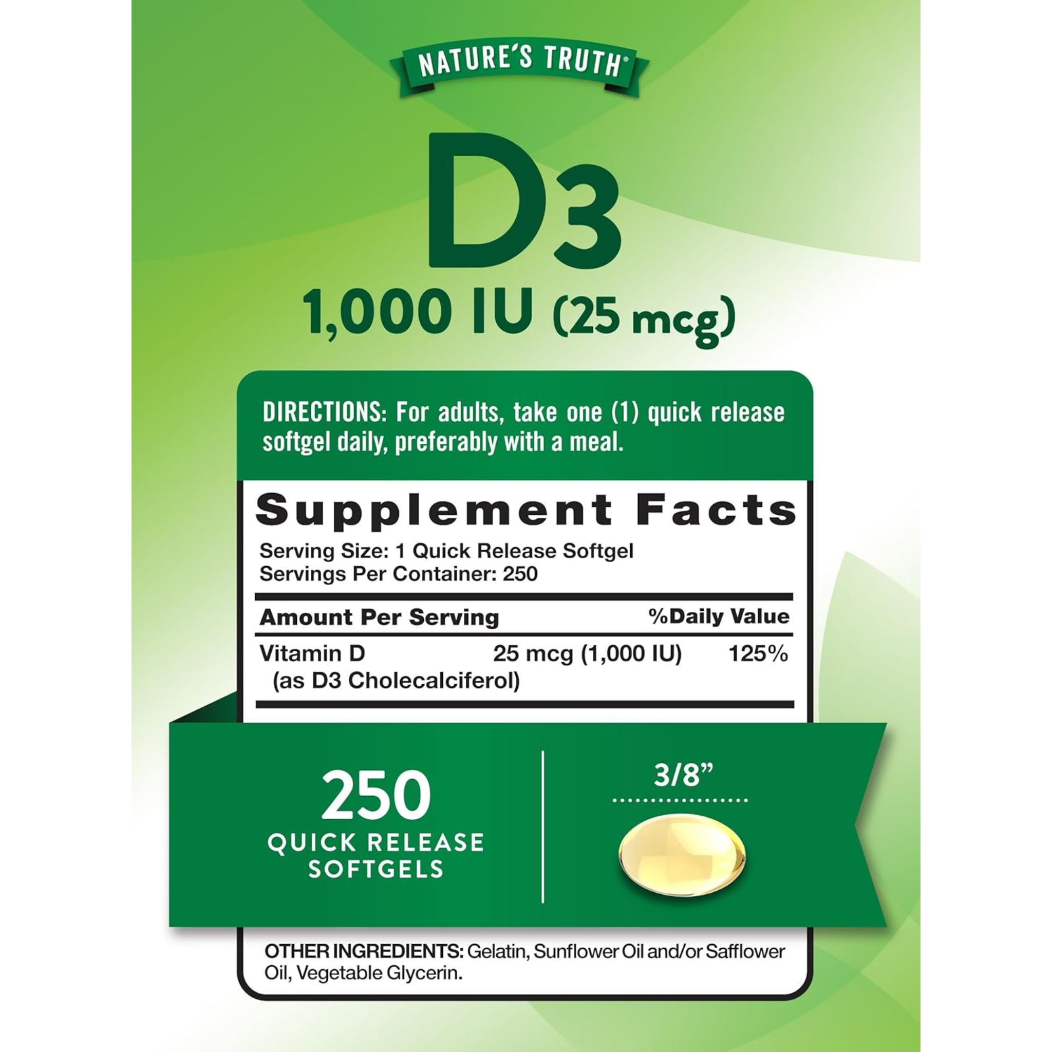 Nature's Truth, D3 1000 IU, Essential Vitamin D for Bone & Immune Health, Non-GMO & Gluten-Free Supplement, 250 Softgels