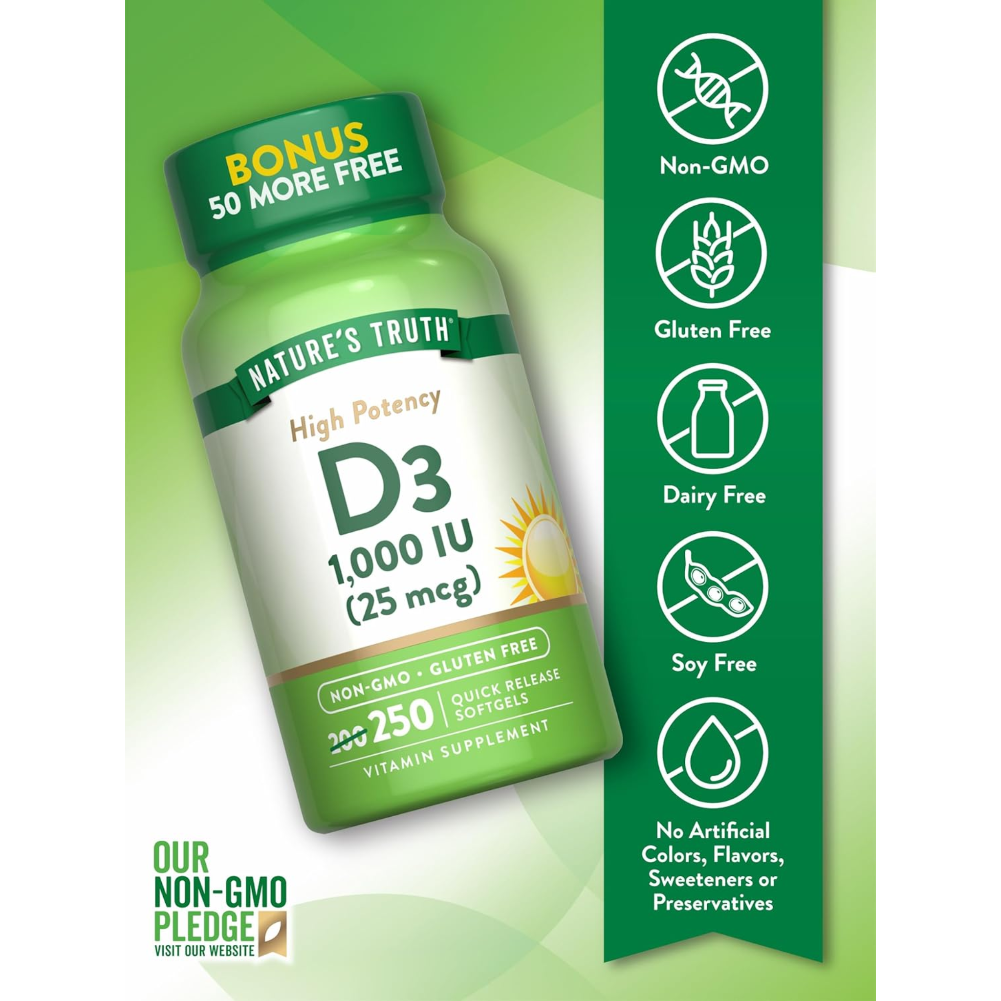 Nature's Truth, D3 1000 IU, Essential Vitamin D for Bone & Immune Health, Non-GMO & Gluten-Free Supplement, 250 Softgels