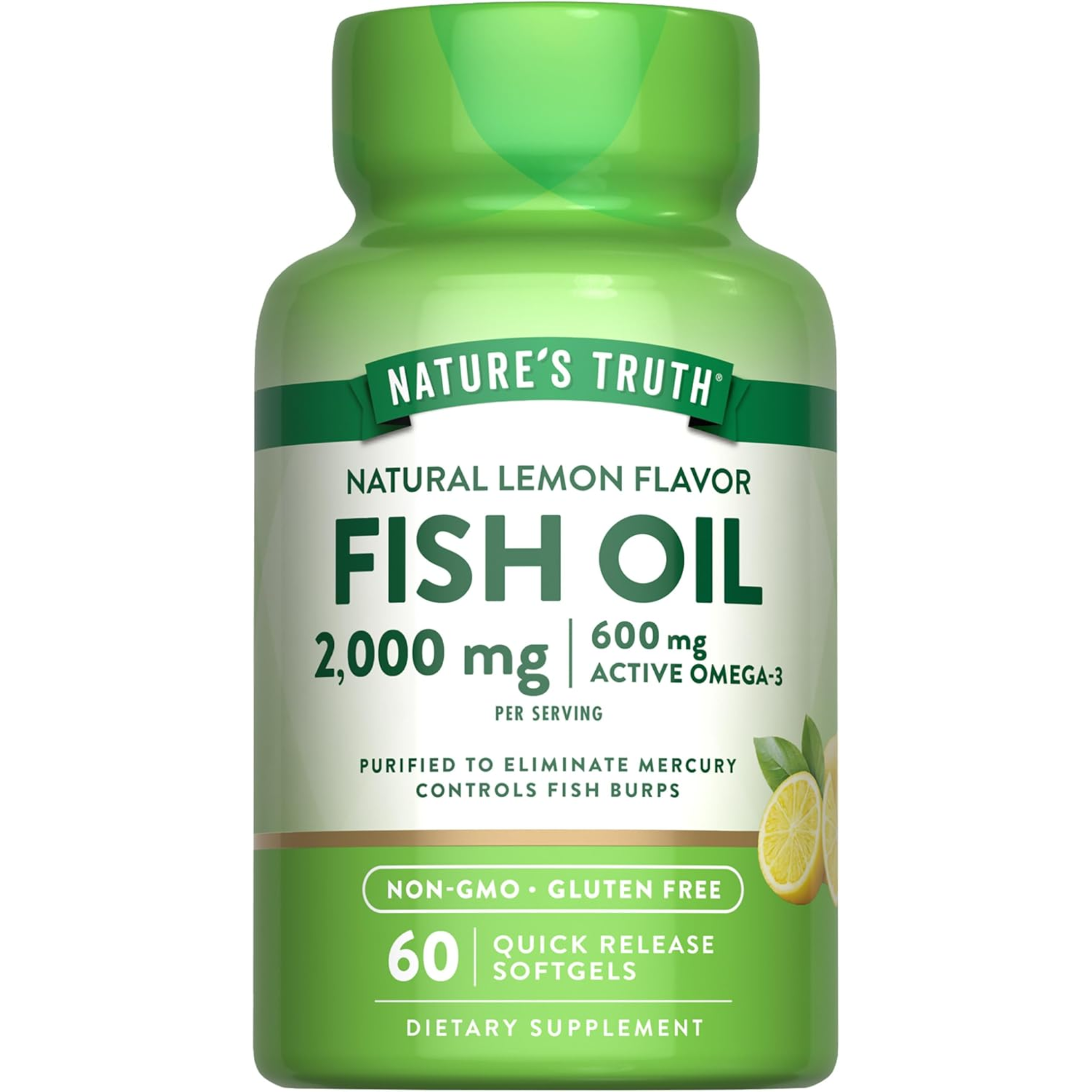 Nature's Truth, Fish Oil 2000mg, Omega-3 Supplement with Natural Lemon Flavor, Non-GMO and Gluten-Free, 60 Softgels