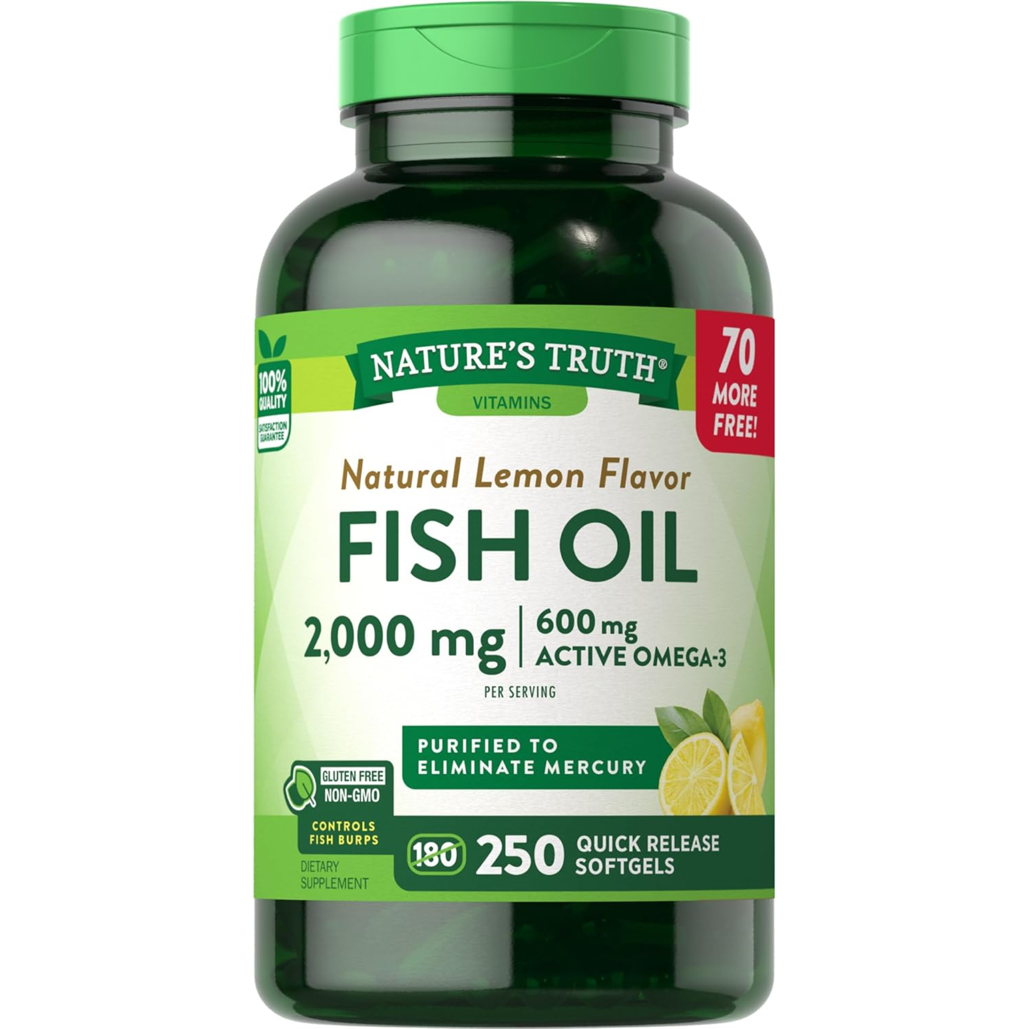 Nature's Truth, Fish Oil 2000 mg, Rich in Omega 3 for Heart and Joint Health, Natural Lemon Flavor, Non-GMO and Gluten-Free, 250 Softgels