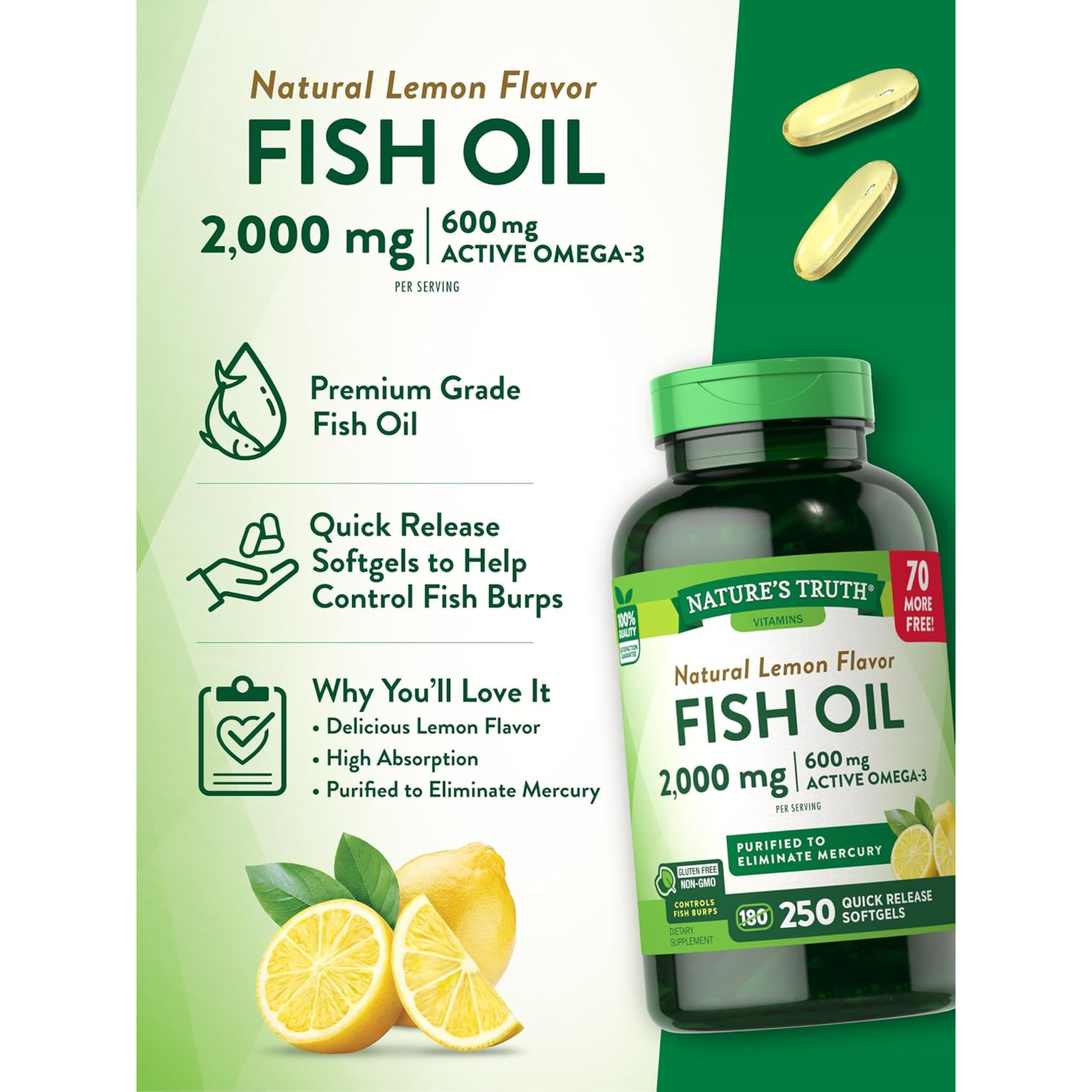 Nature's Truth, Fish Oil 2000 mg, Rich in Omega 3 for Heart and Joint Health, Natural Lemon Flavor, Non-GMO and Gluten-Free, 250 Softgels