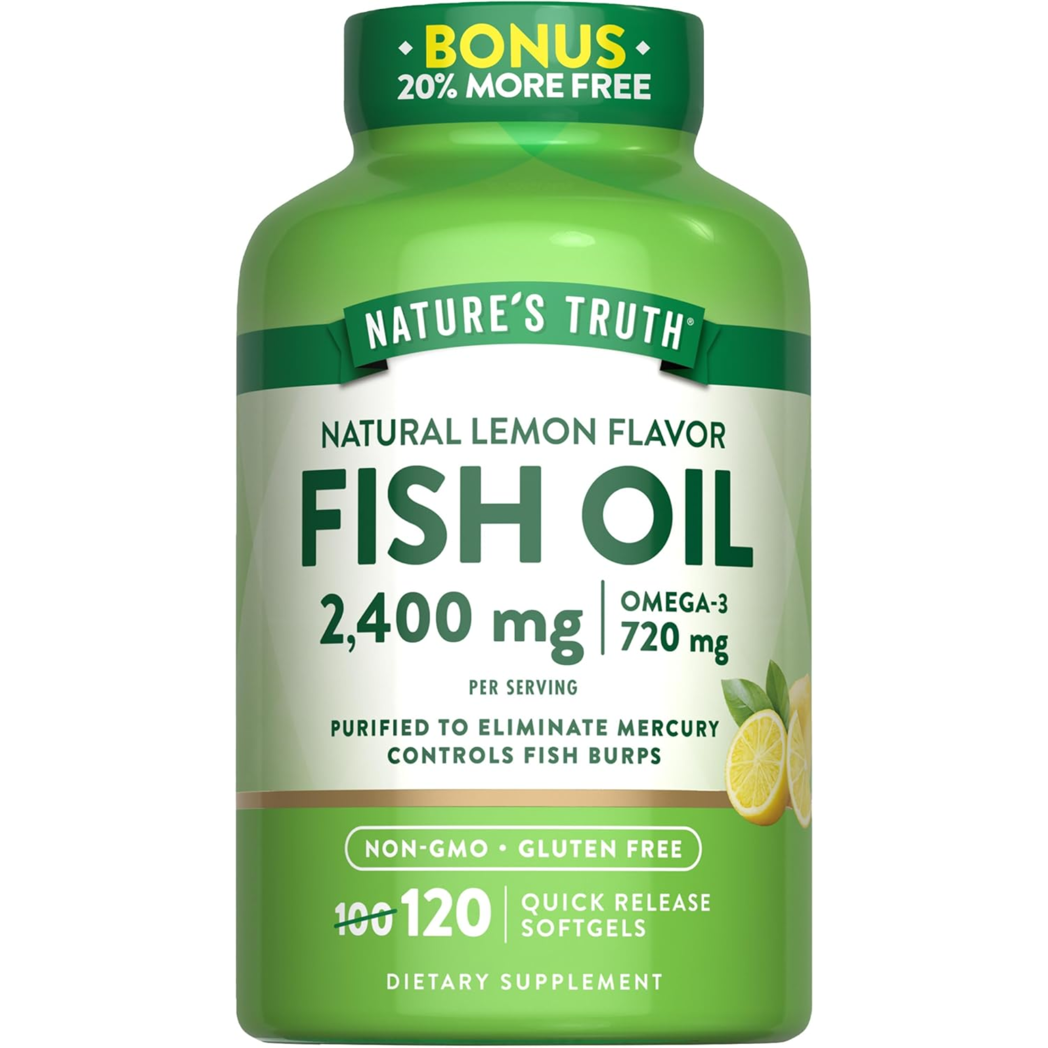 Nature's Truth, Fish Oil 2400mg, Rich in Omega 3 for Heart and Joint Health, Burpless Lemon Flavor, Non-GMO & Gluten-Free, 120 Quick Release Softgels