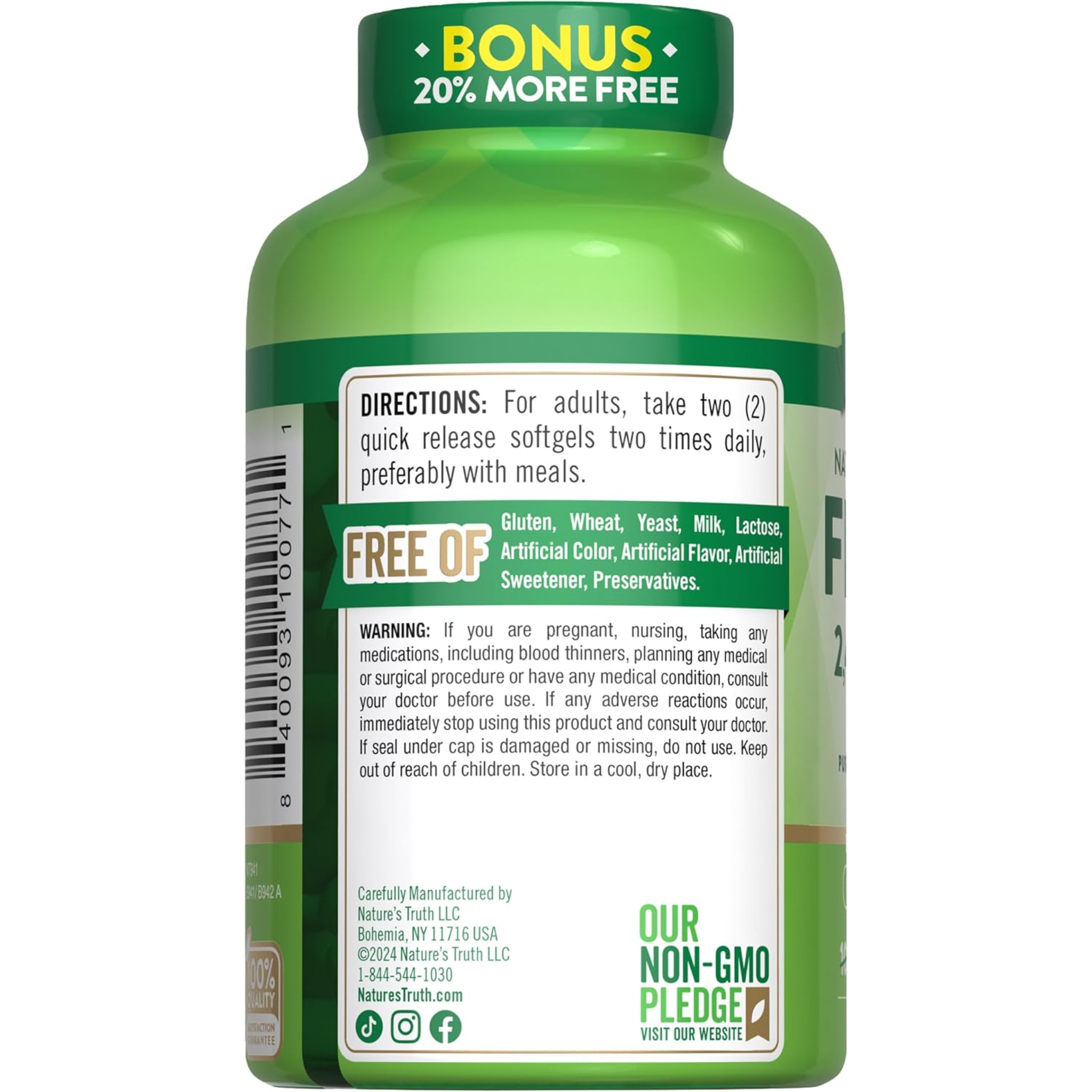 Nature's Truth, Fish Oil 2400mg, Rich in Omega 3 for Heart and Joint Health, Burpless Lemon Flavor, Non-GMO & Gluten-Free, 120 Quick Release Softgels
