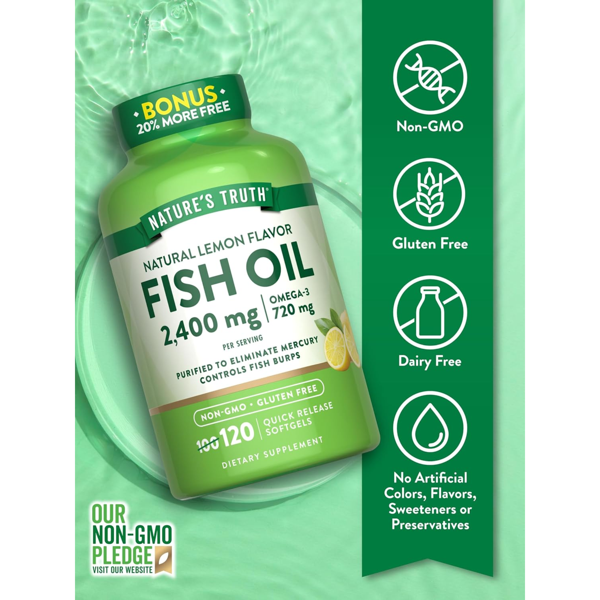 Nature's Truth, Fish Oil 2400mg, Rich in Omega 3 for Heart and Joint Health, Burpless Lemon Flavor, Non-GMO & Gluten-Free, 120 Quick Release Softgels