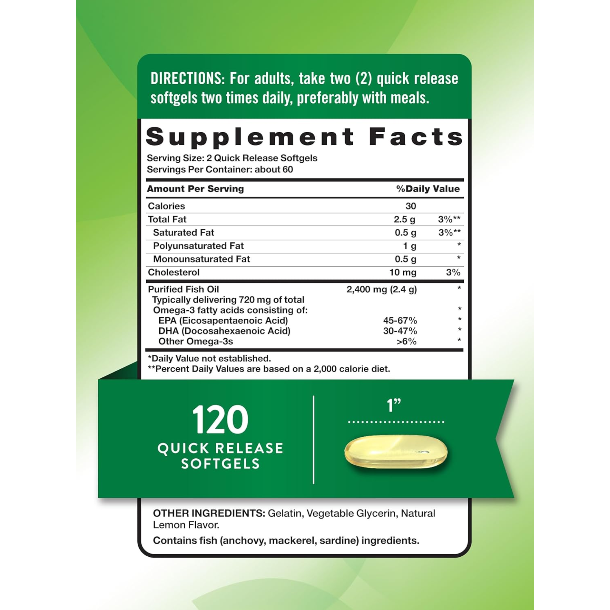 Nature's Truth, Fish Oil 2400mg, Rich in Omega 3 for Heart and Joint Health, Burpless Lemon Flavor, Non-GMO & Gluten-Free, 120 Quick Release Softgels