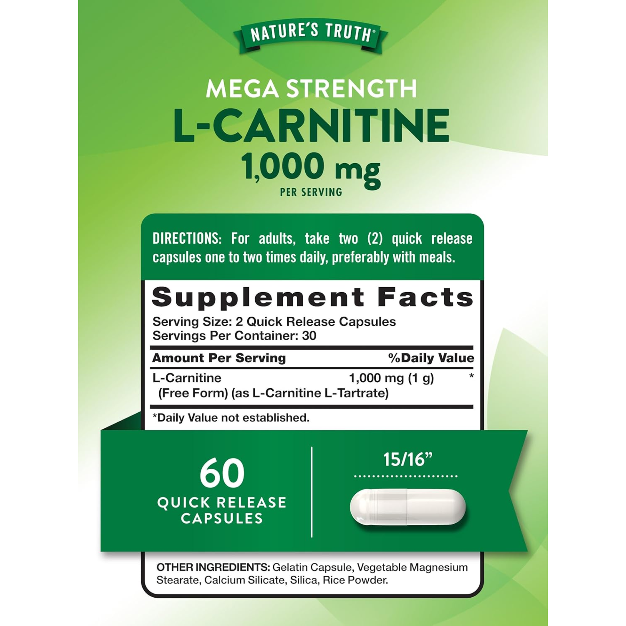 Nature's Truth, L-Carnitine 1000mg, Mega Strength, Free Form, Non-GMO & Gluten-Free, 60 Capsules