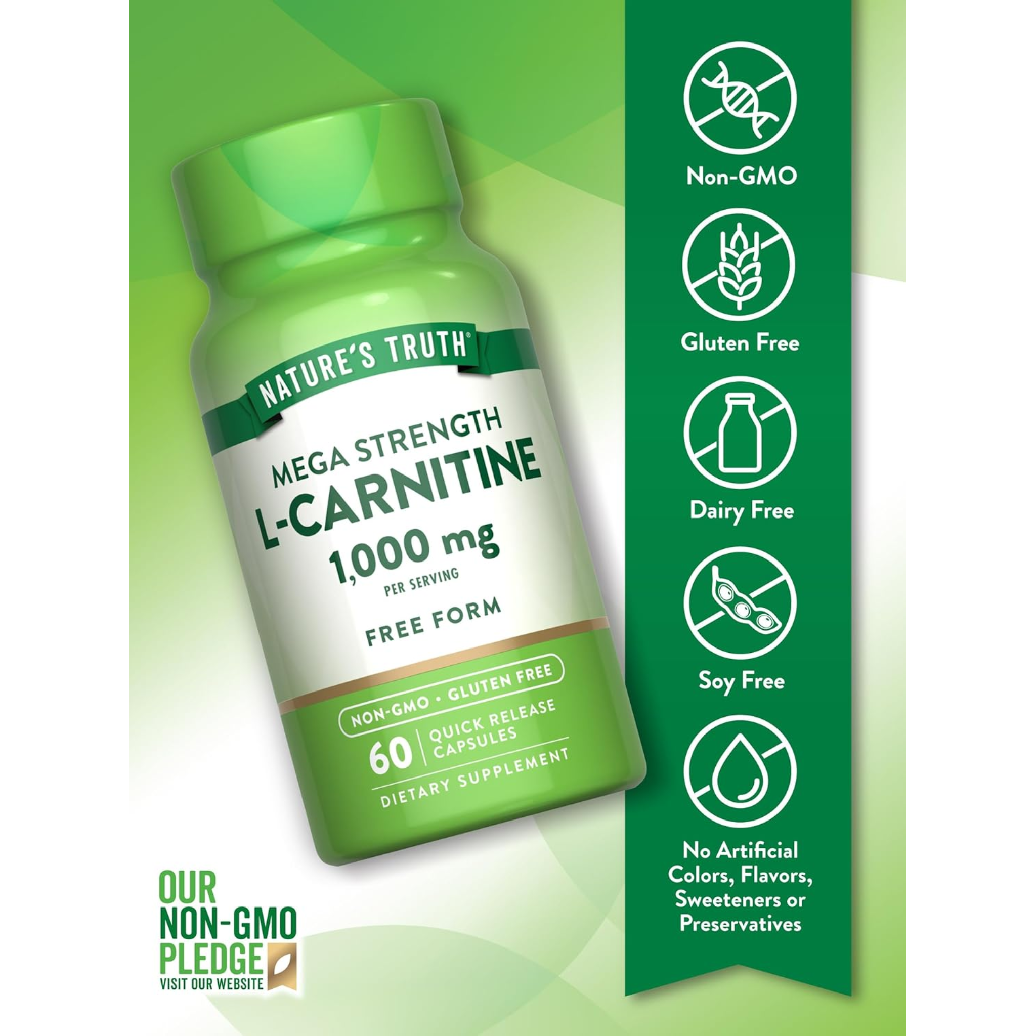 Nature's Truth, L-Carnitine 1000mg, Mega Strength, Free Form, Non-GMO & Gluten-Free, 60 Capsules