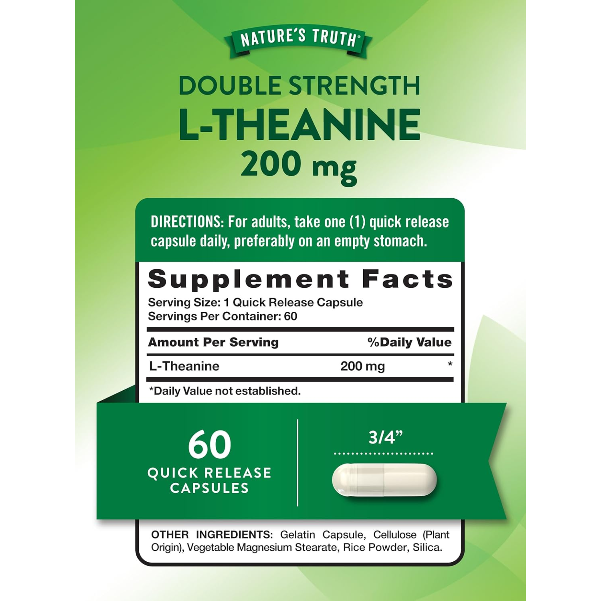 Nature's Truth, L-Theanine 200mg, Quick Release, Non-GMO & Gluten-Free, 60 Capsules