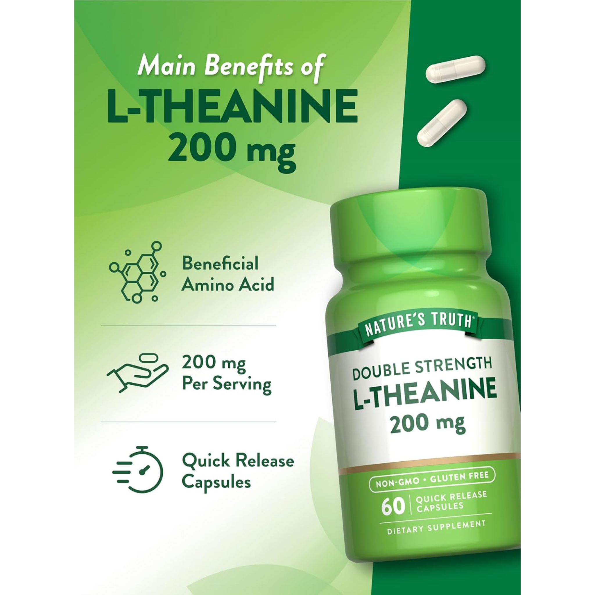 Nature's Truth, L-Theanine 200mg, Quick Release, Non-GMO & Gluten-Free, 60 Capsules