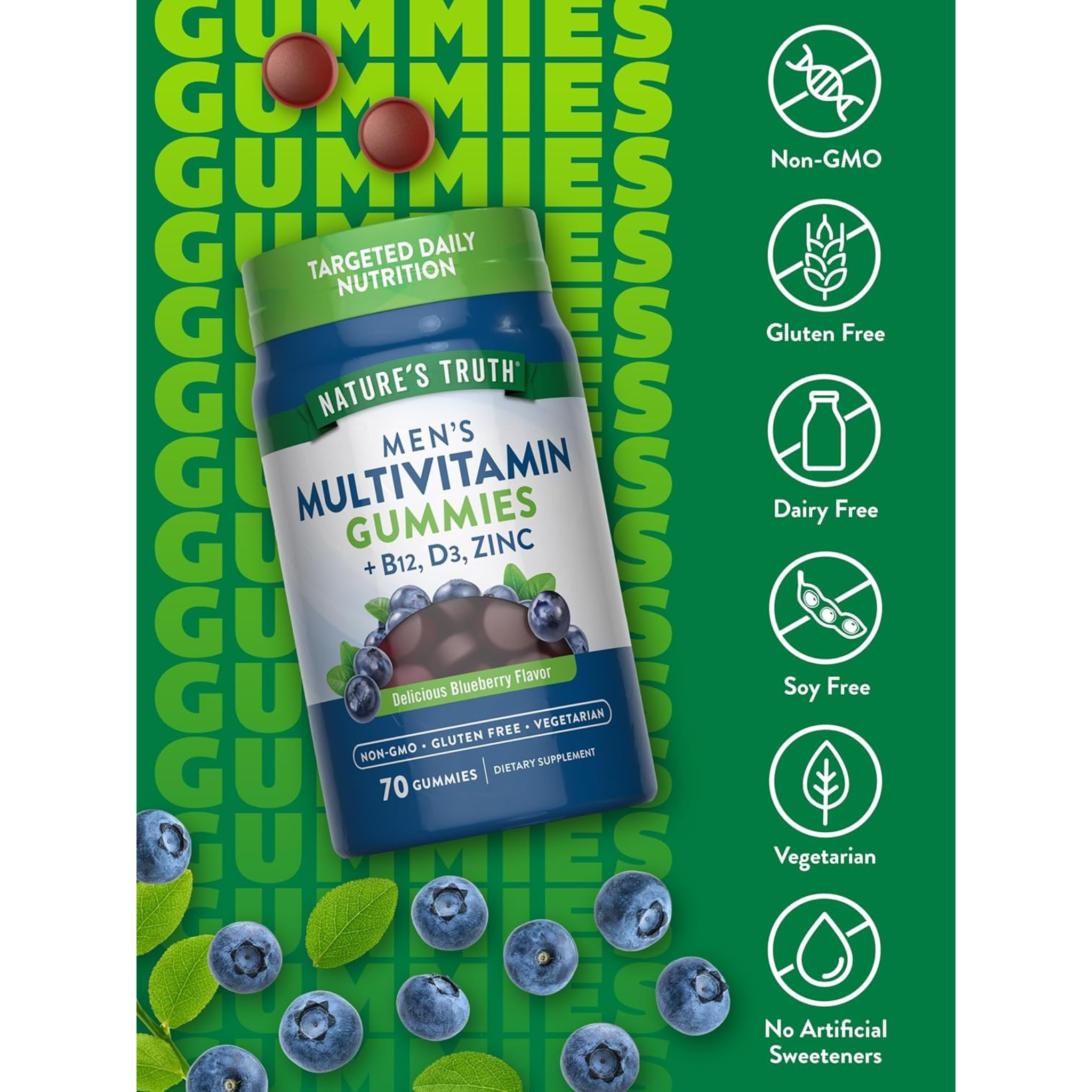 Nature's Truth, Multivitamin for Men Gummies, Blueberry Flavor, With B12, D3, & Zinc, Vegetarian, Non-GMO & Gluten-Free, 70 Count - Pharmaful