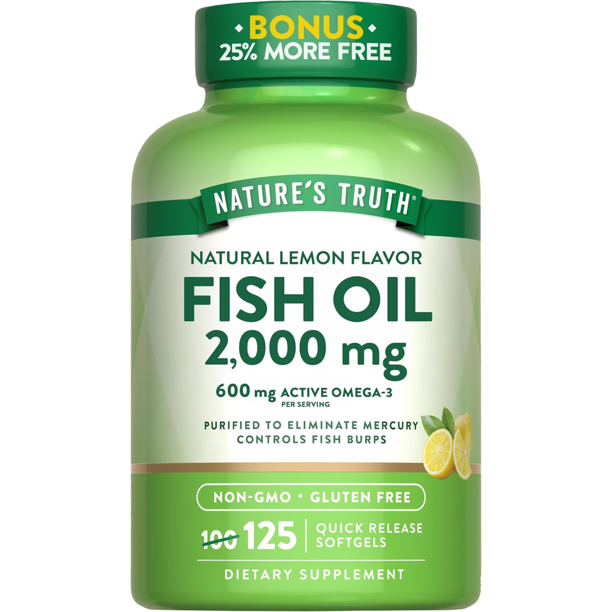 Nature's Truth, Omega 3 Fish Oil, Burpless Lemon Flavor for Heart and Joint Health, Non-GMO and Gluten-Free, 125 Liquid Softgels