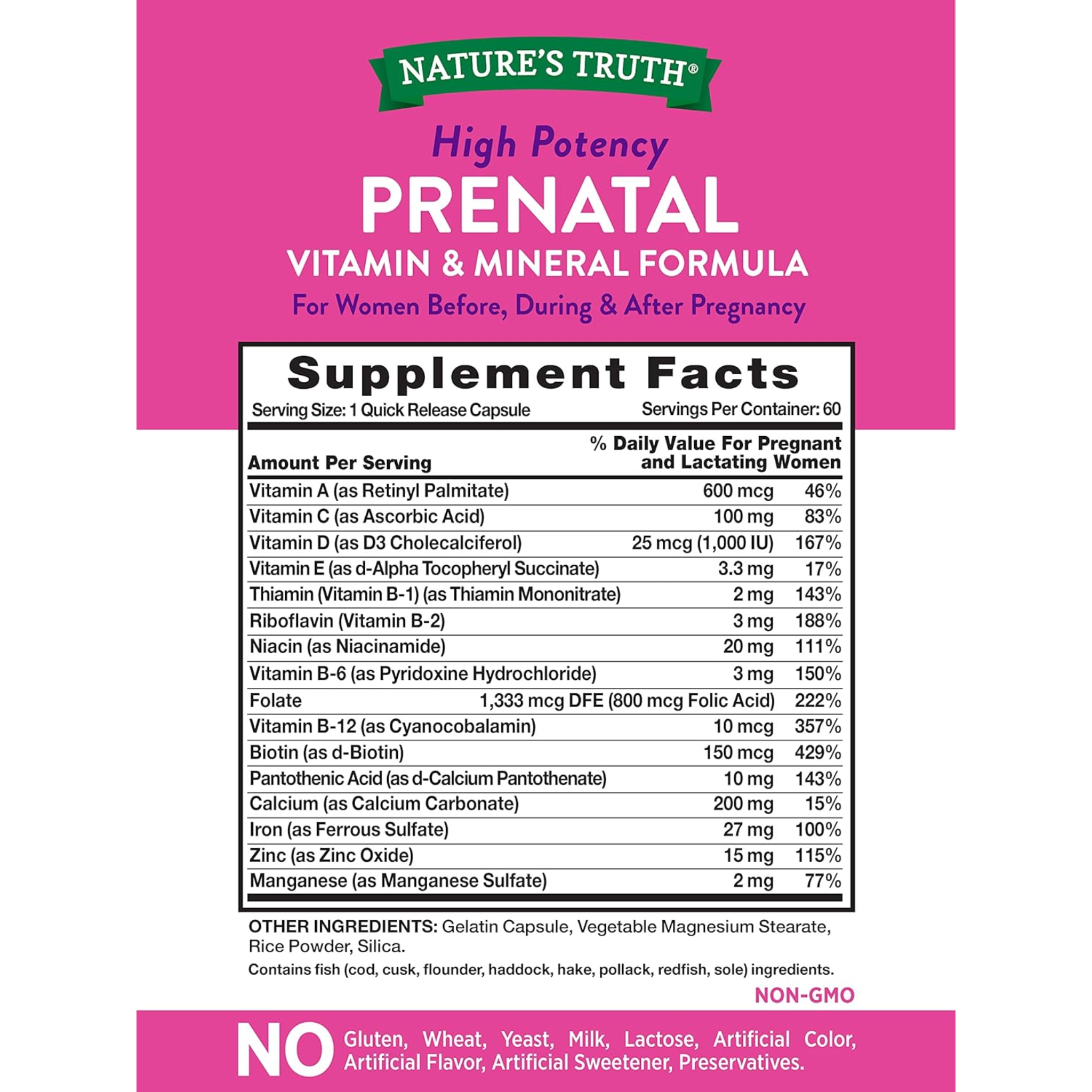 Nature's Truth, Prenatal Vitamins with Folic Acid, Non-GMO & Gluten-Free Supplement for Expecting Mothers, 60 Capsules