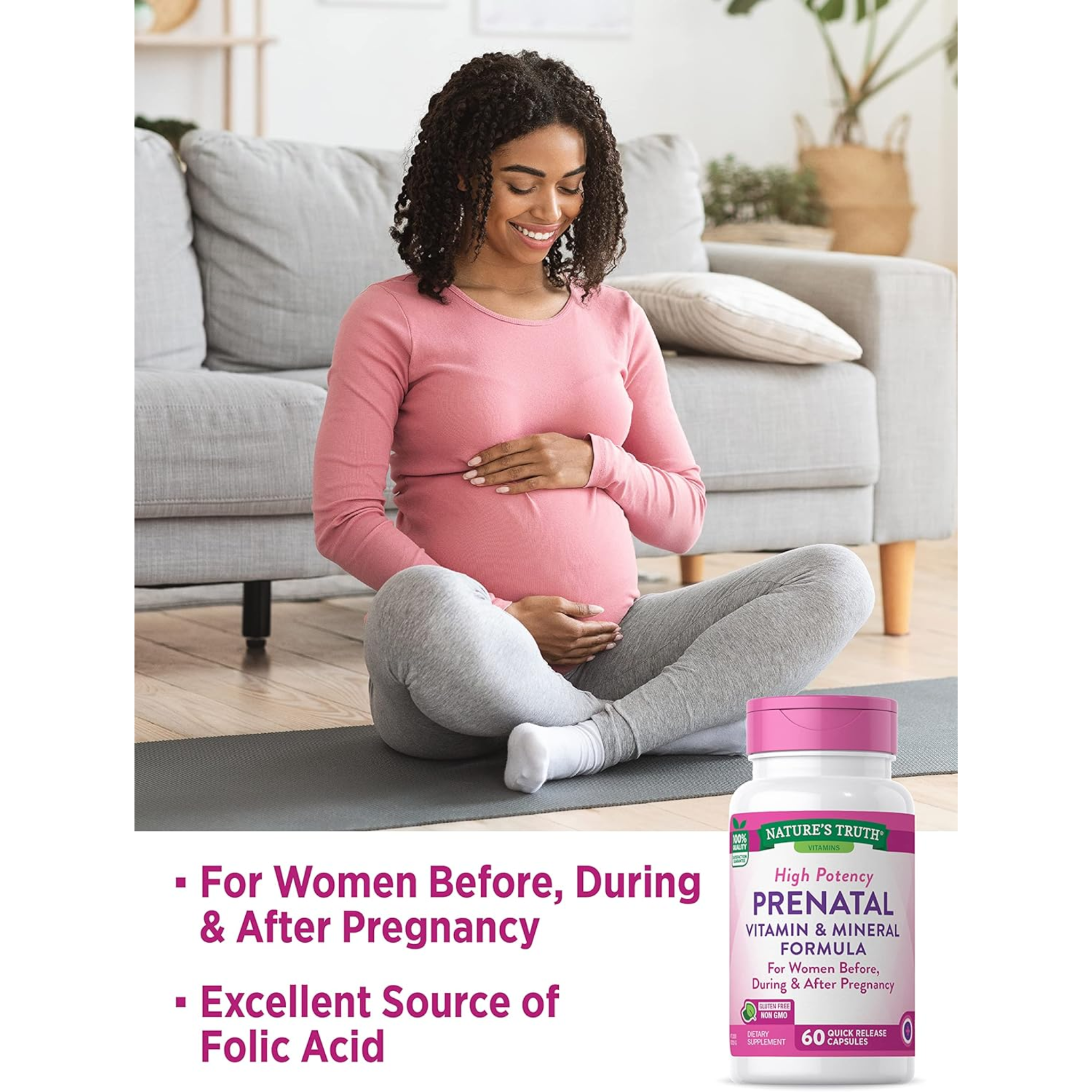 Nature's Truth, Prenatal Vitamins with Folic Acid, Non-GMO & Gluten-Free Supplement for Expecting Mothers, 60 Capsules
