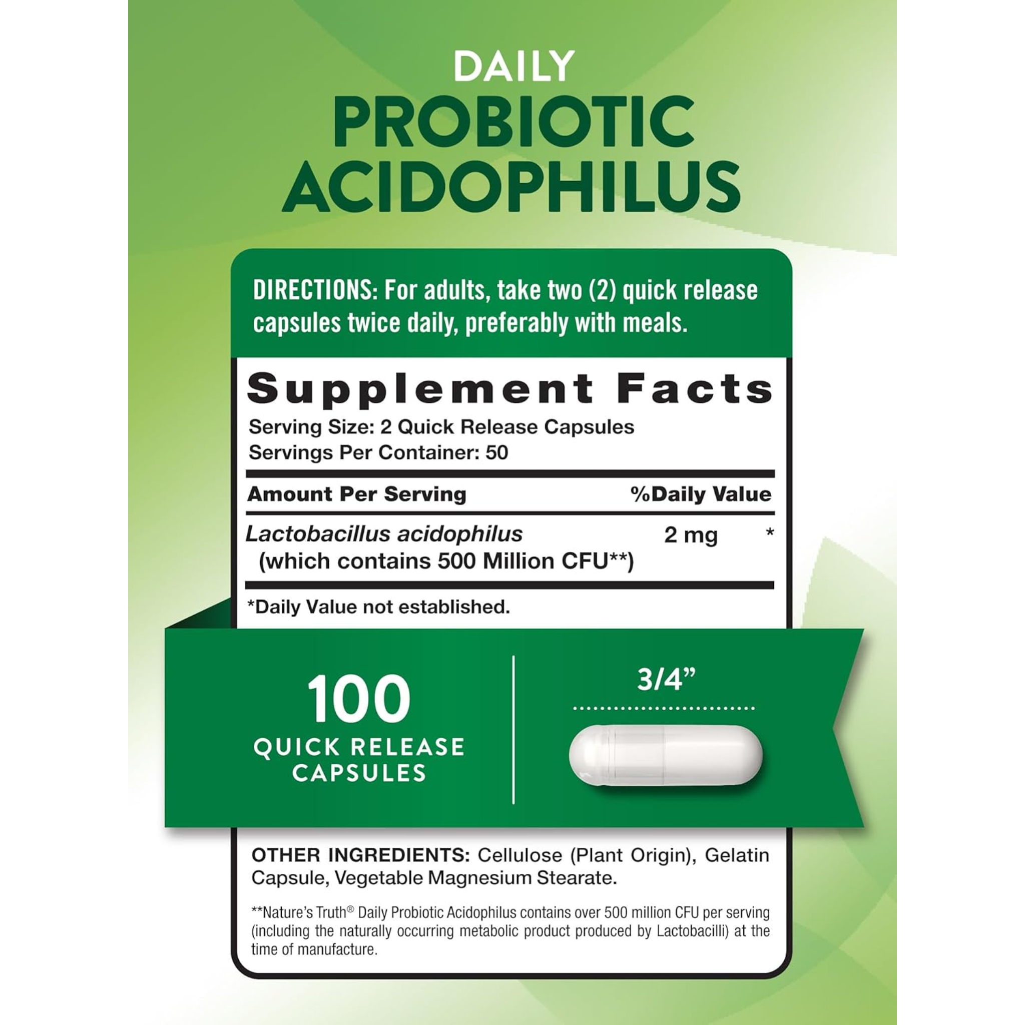 Nature's Truth, Probiotics for Men & Women, Digestive & Gut Health Support, 500 Million CFU, 100 Capsules