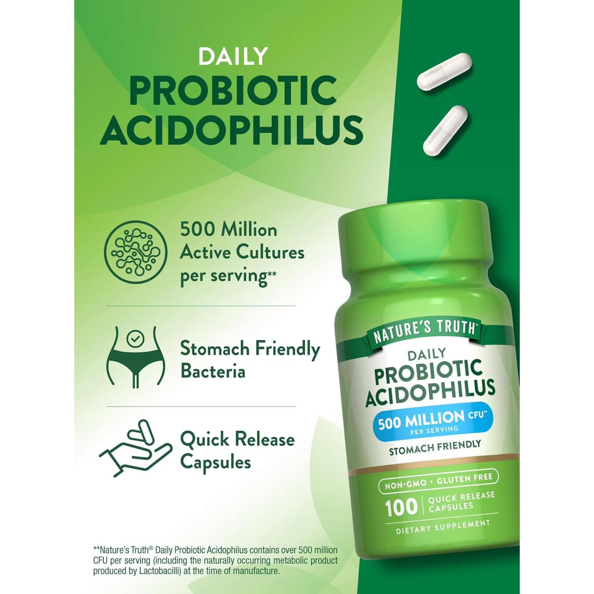Nature's Truth, Probiotics for Men & Women, Digestive & Gut Health Support, 500 Million CFU, 100 Capsules