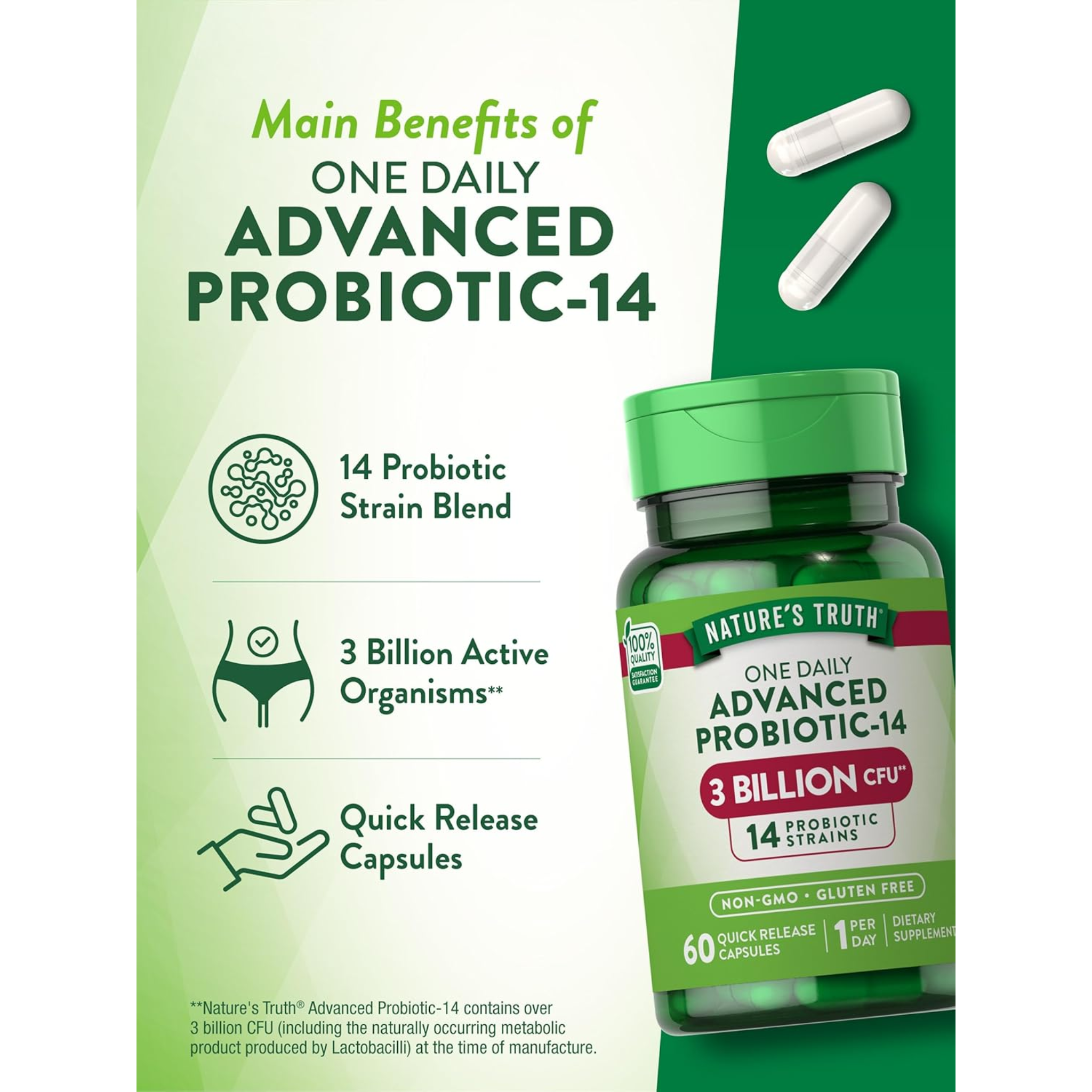 Nature's Truth, Probiotics for Men and Women, 3 Billion CFU, 14 Strains for Digestive Health, Non-GMO & Gluten-Free, 60 Capsules
