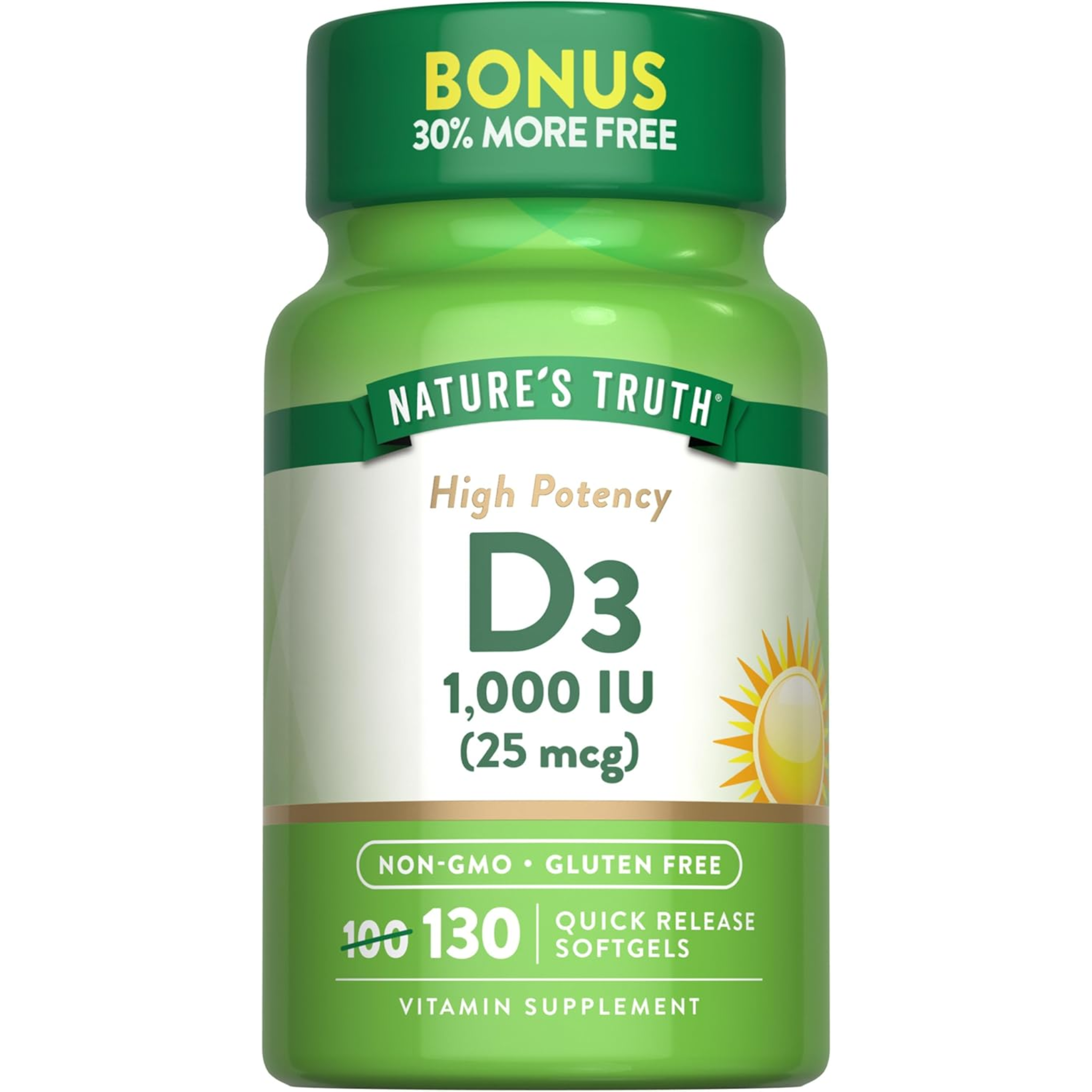 Nature's Truth, Vitamin D3 1000 IU, High Potency Formula for Bone & Immune Health, Non-GMO, Gluten-Free, Soy-Free Supplement, 130 Softgels