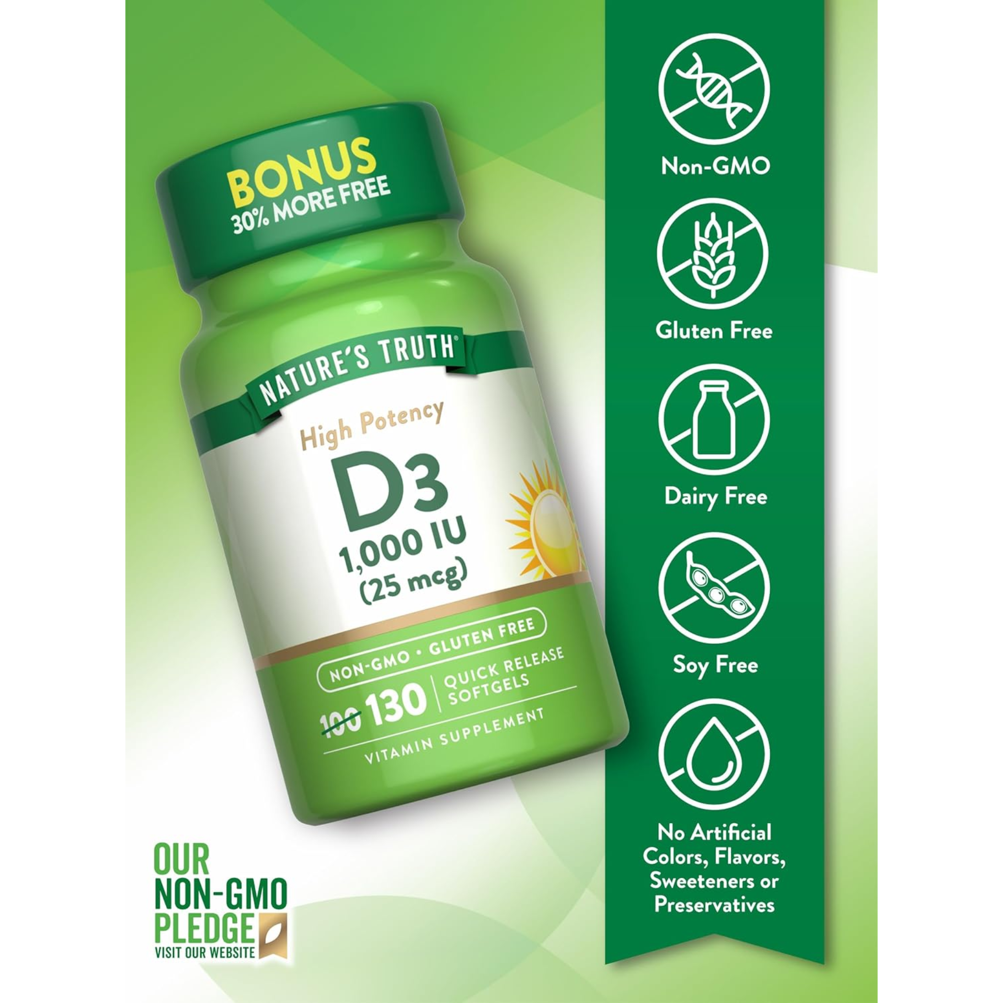 Nature's Truth, Vitamin D3 1000 IU, High Potency Formula for Bone & Immune Health, Non-GMO, Gluten-Free, Soy-Free Supplement, 130 Softgels
