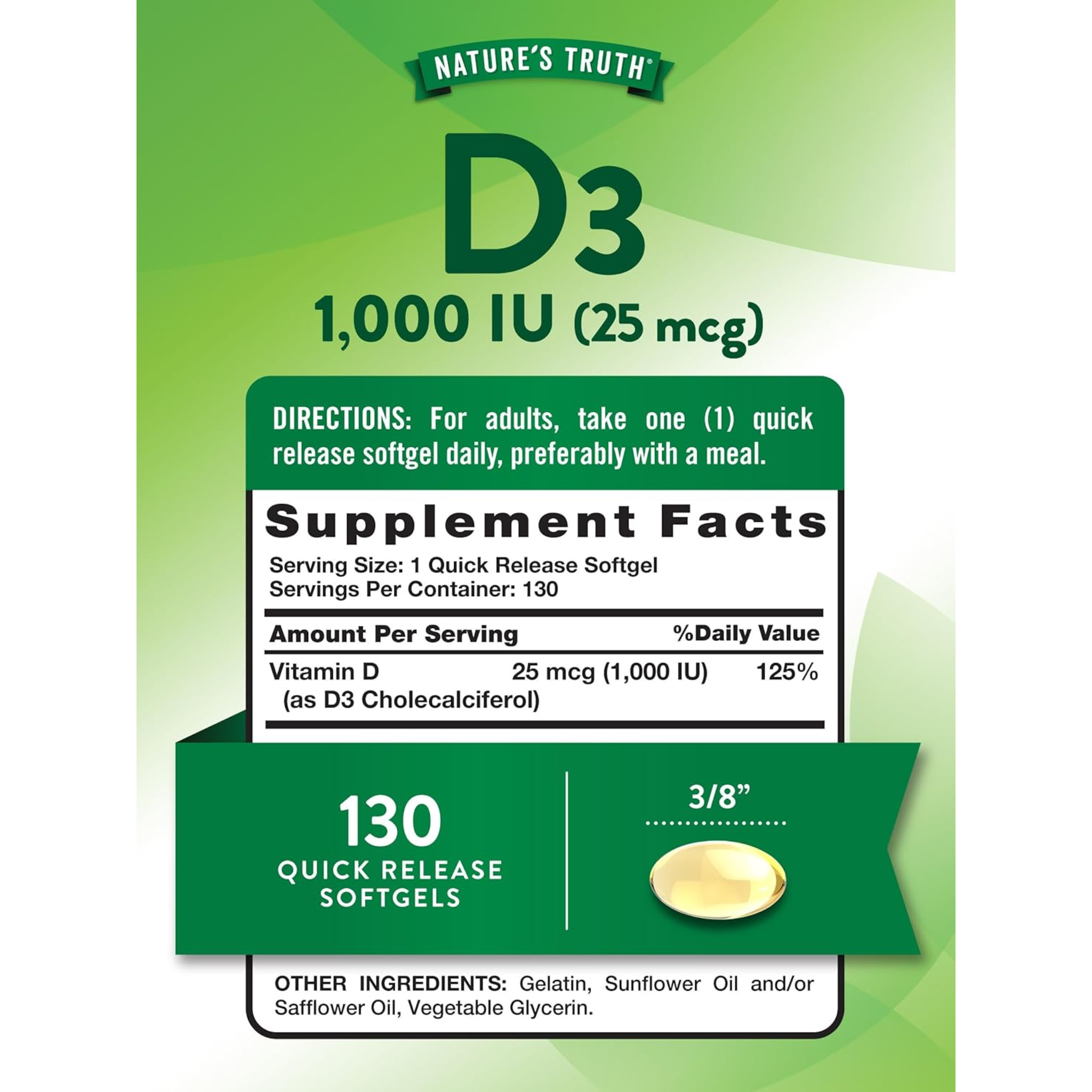 Nature's Truth, Vitamin D3 1000 IU, High Potency Formula for Bone & Immune Health, Non-GMO, Gluten-Free, Soy-Free Supplement, 130 Softgels