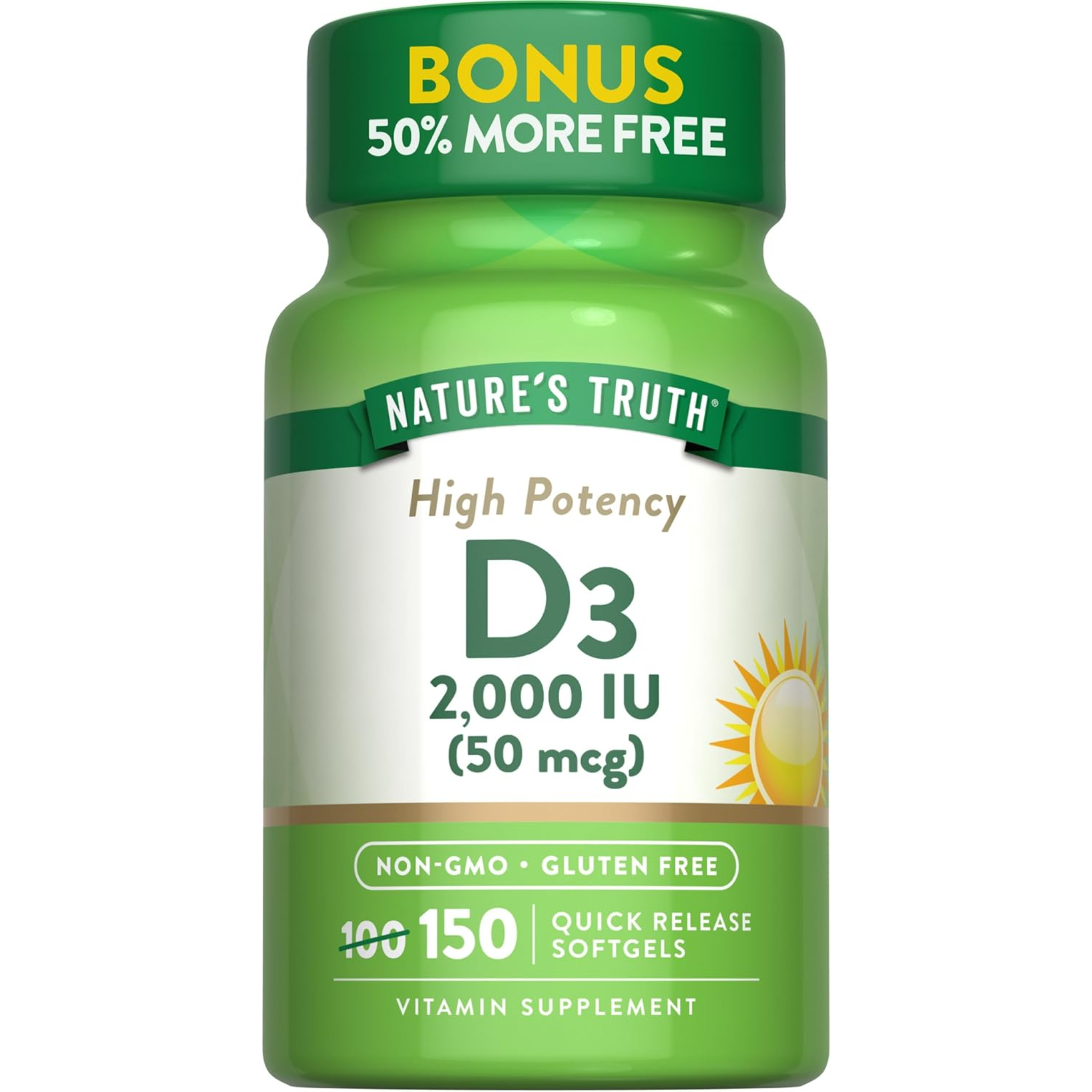 Nature's Truth, Vitamin D3 2000 IU, High Potency for Bone & Immune Health, Non-GMO & Gluten-Free Supplement, 150 Softgels