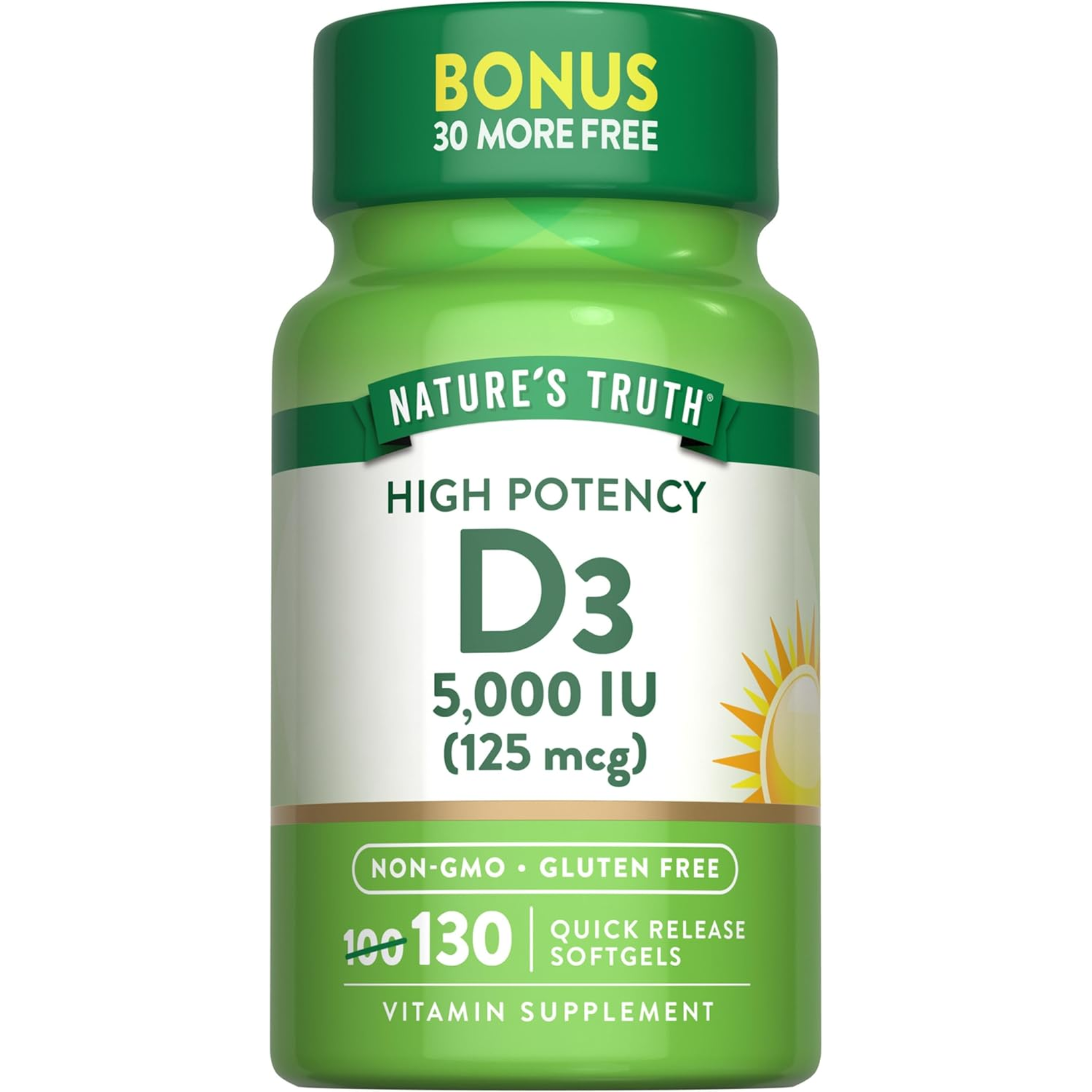 Nature's Truth, Vitamin D3 5000 IU Softgels, High Potency for Bone & Immune Health, Non-GMO & Gluten Free Supplement, 130 Count