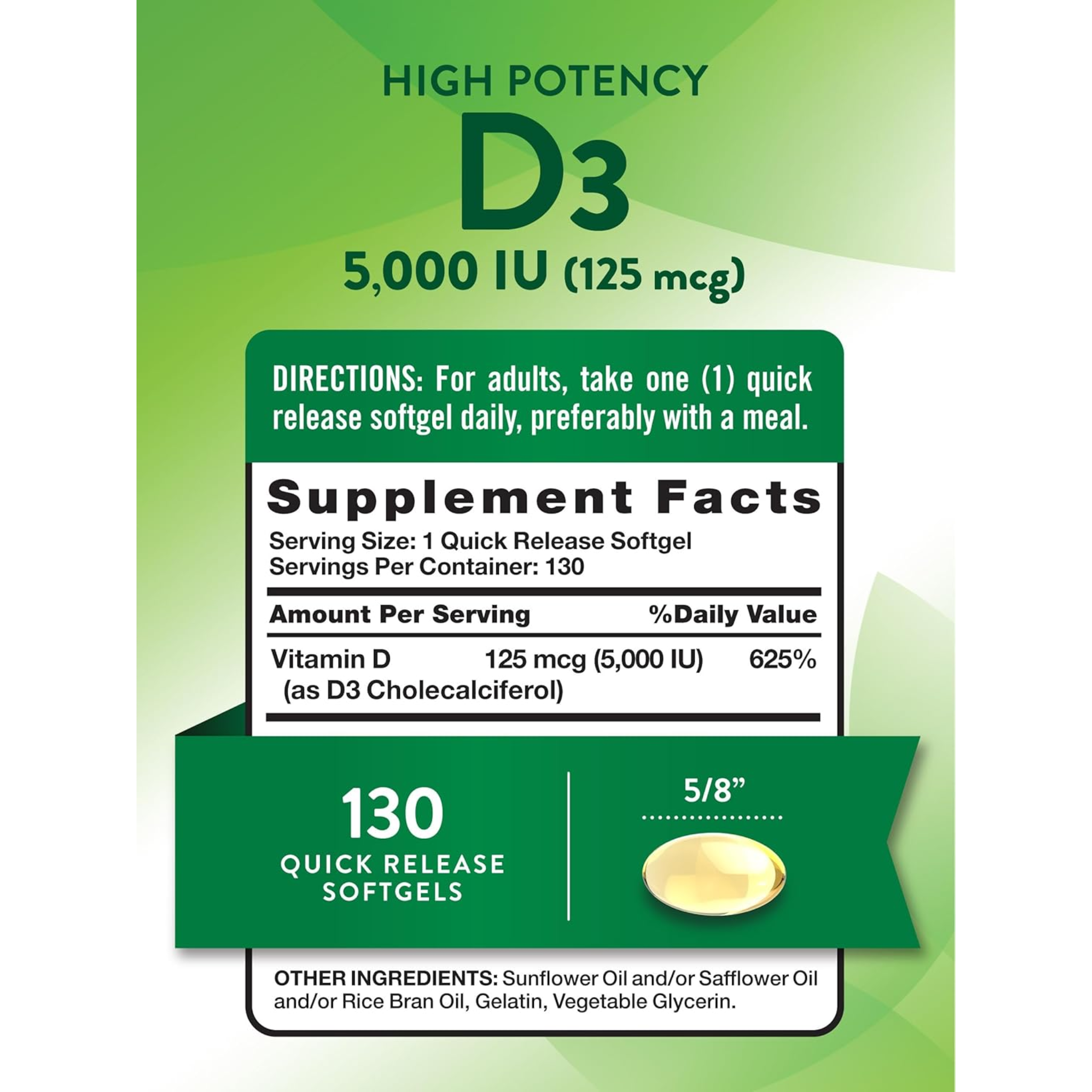 Nature's Truth, Vitamin D3 5000 IU Softgels, High Potency for Bone & Immune Health, Non-GMO & Gluten Free Supplement, 130 Count