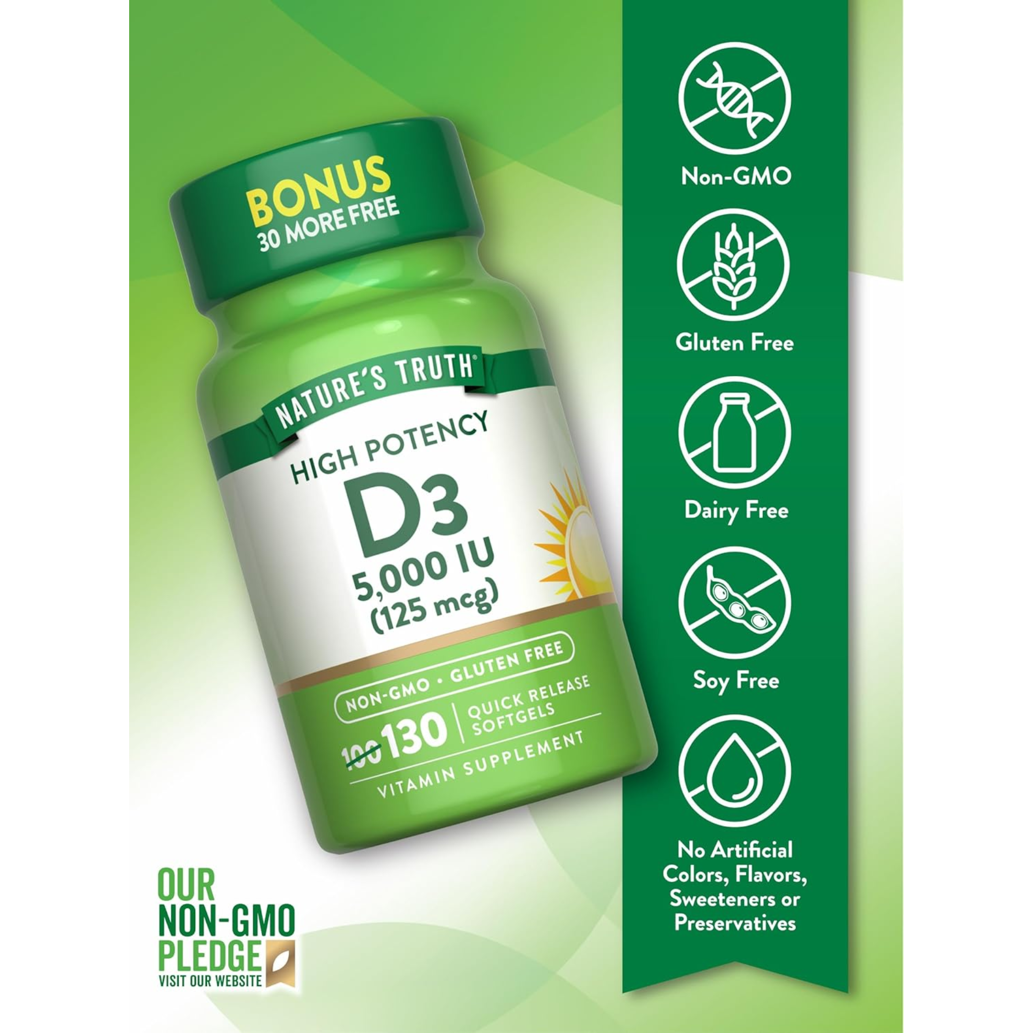 Nature's Truth, Vitamin D3 5000 IU Softgels, High Potency for Bone & Immune Health, Non-GMO & Gluten Free Supplement, 130 Count