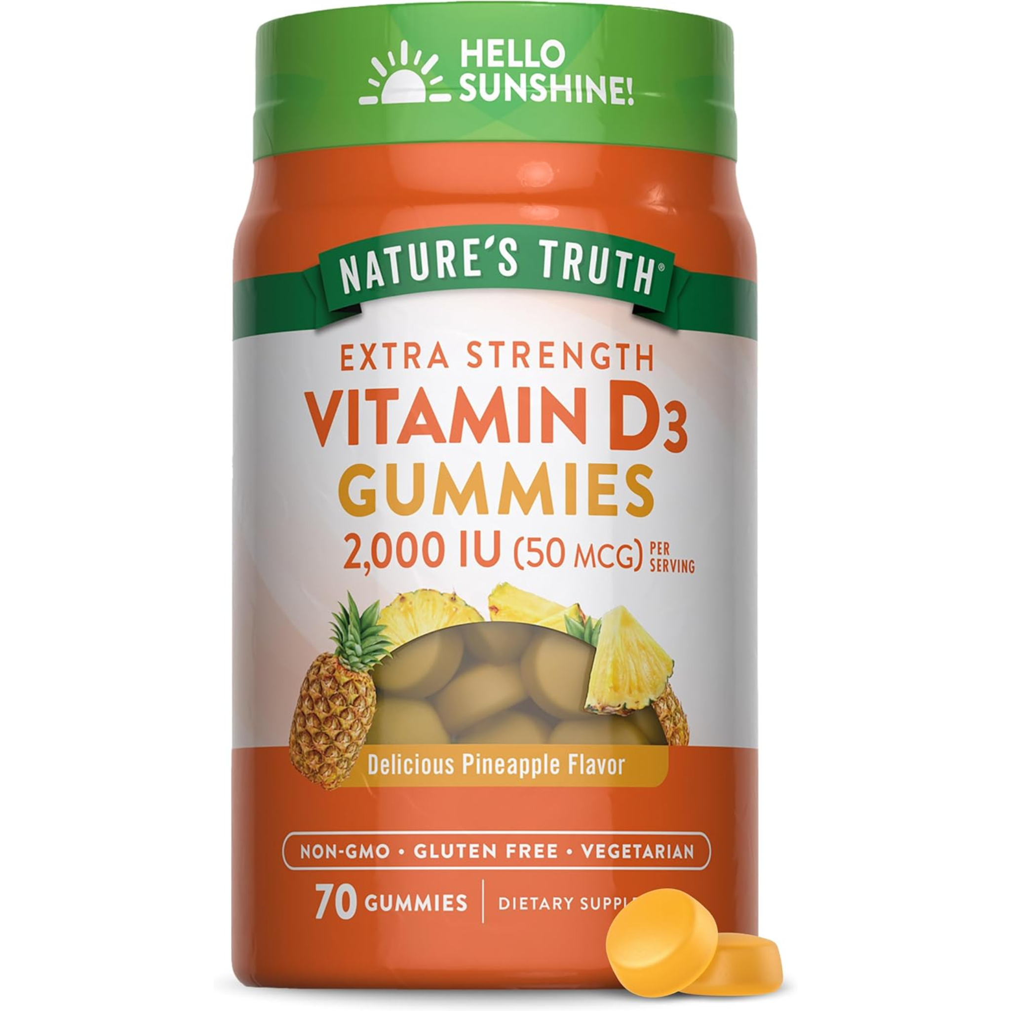 Nature's Truth, Vitamin D3 Gummies, 2000 IU for Bone & Immune Health, Pineapple Flavor, Vegetarian, Non-GMO, and Gluten-Free Supplement, 70 Count