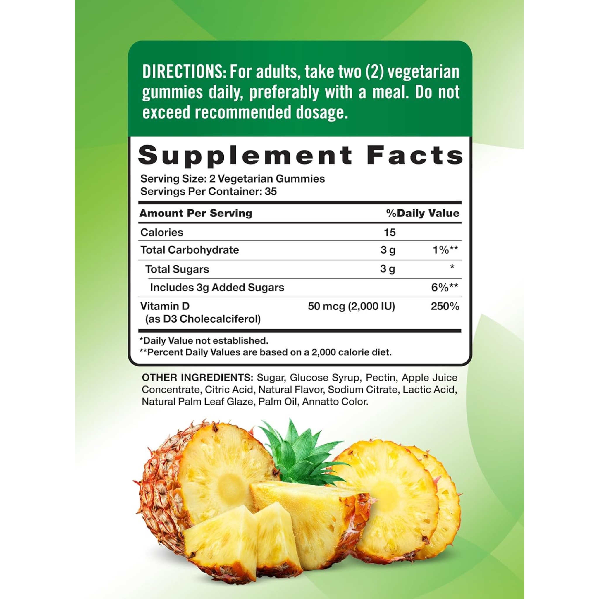 Nature's Truth, Vitamin D3 Gummies, 2000 IU for Bone & Immune Health, Pineapple Flavor, Vegetarian, Non-GMO, and Gluten-Free Supplement, 70 Count