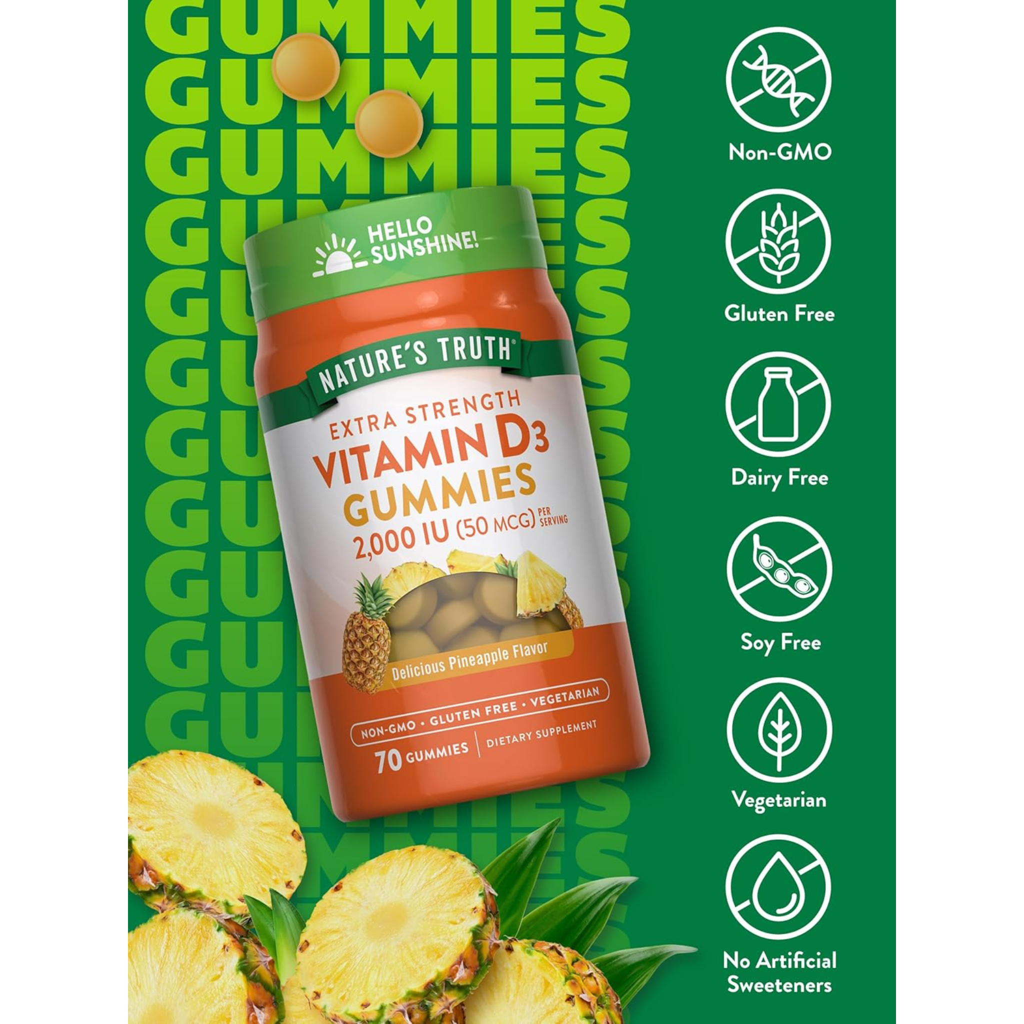 Nature's Truth, Vitamin D3 Gummies, 2000 IU for Bone & Immune Health, Pineapple Flavor, Vegetarian, Non-GMO, and Gluten-Free Supplement, 70 Count