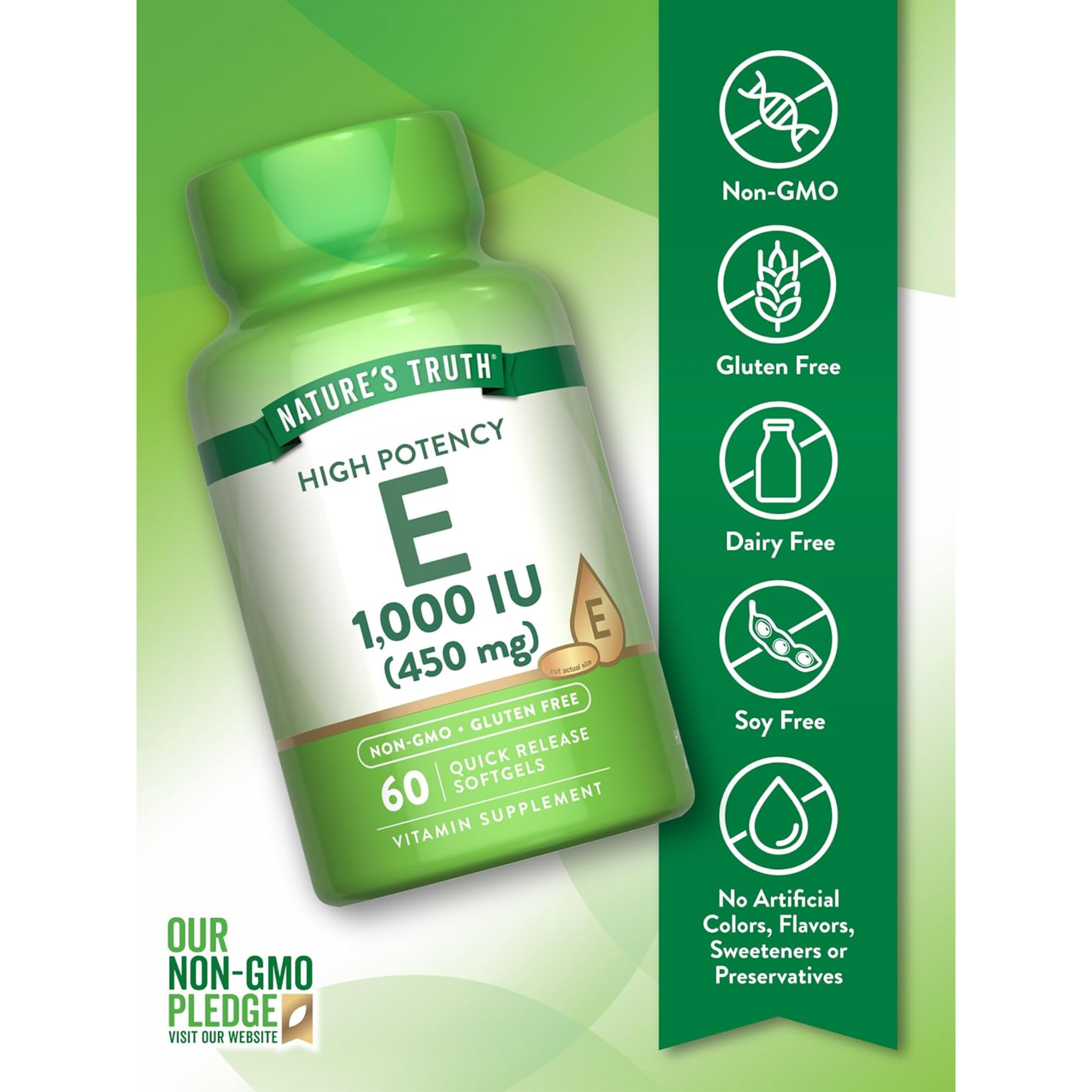 Nature's Truth, Vitamin E Softgels, Powerful Antioxidant Support, Non-GMO & Gluten Free Supplement, 1000 IU, 60 Count