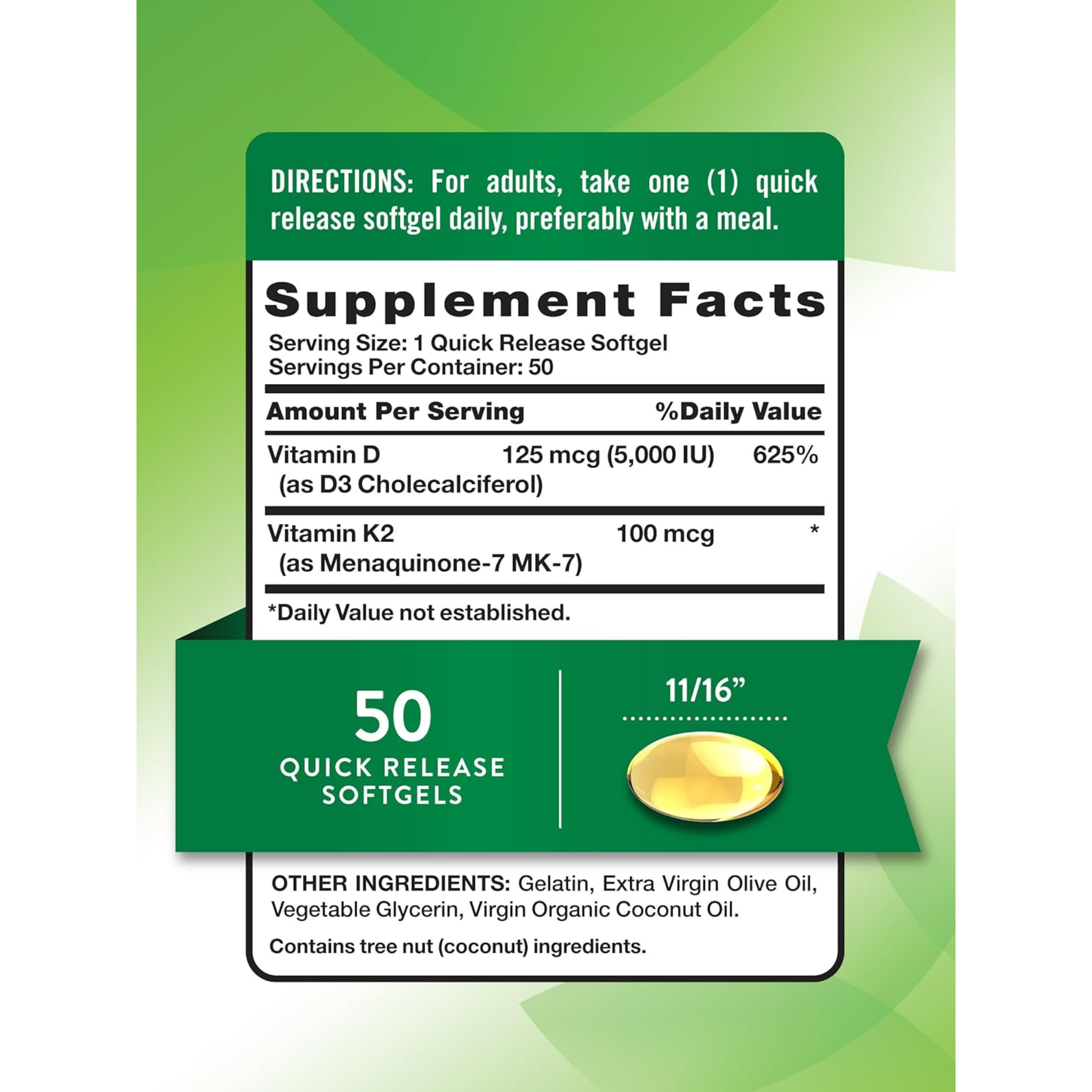 Nature's Truth, Vitamin K2 MK7 Complex, Supports Bone & Heart Health with Vitamin D3, 50 Softgels