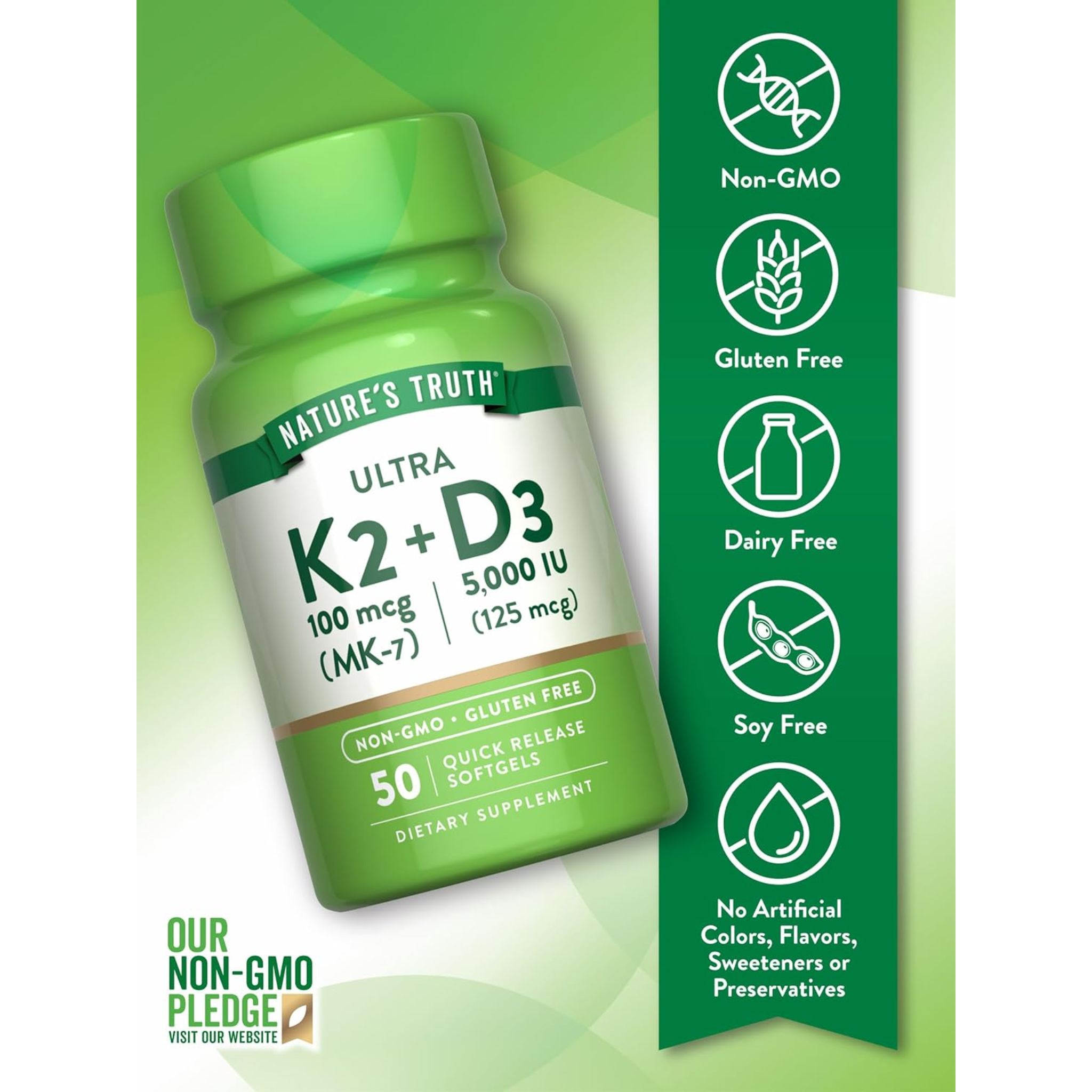 Nature's Truth, Vitamin K2 MK7 Complex, Supports Bone & Heart Health with Vitamin D3, 50 Softgels