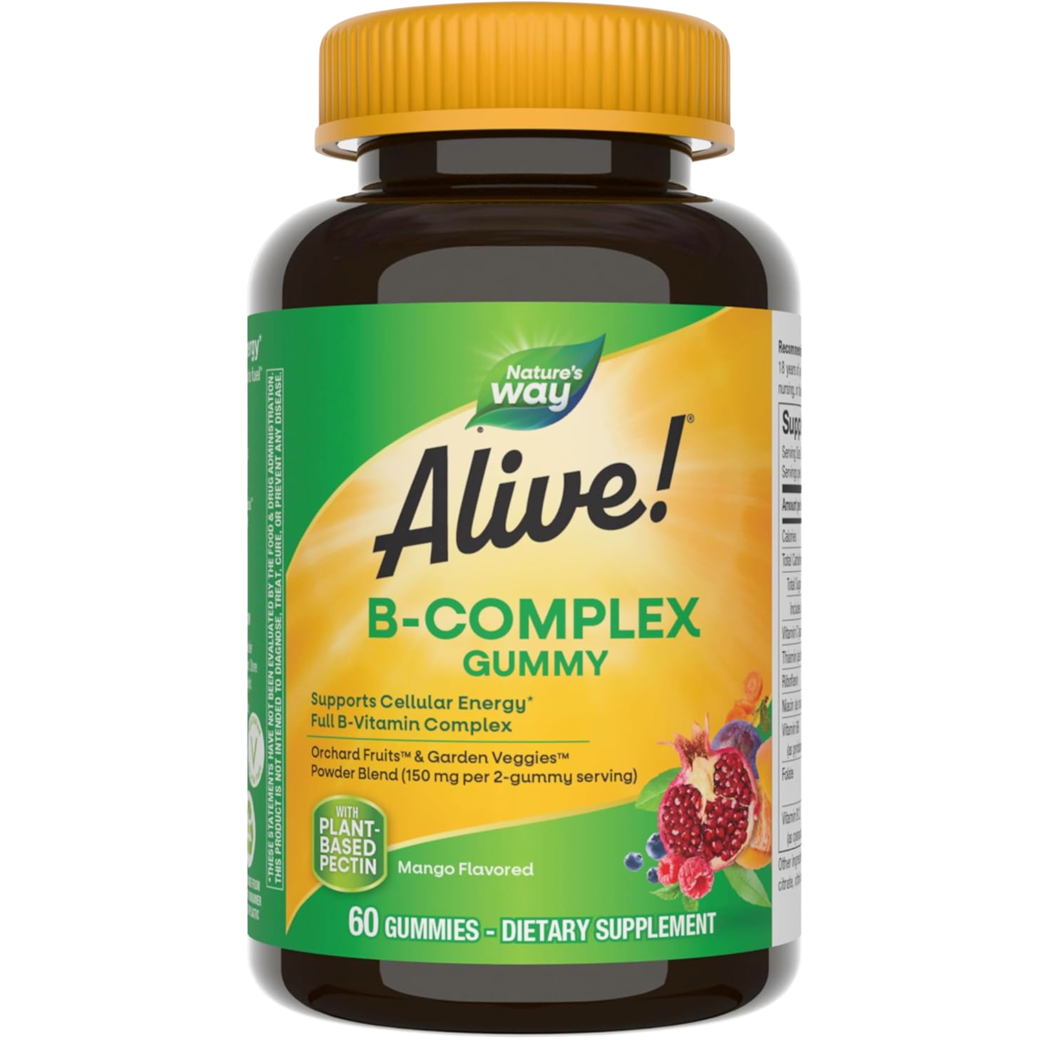 Nature’s Way, Alive! B-Complex Gummies, Cellular Energy Support, 8 B-Vitamins, Vegetarian Formula, Mango Flavored, 60 Gummies