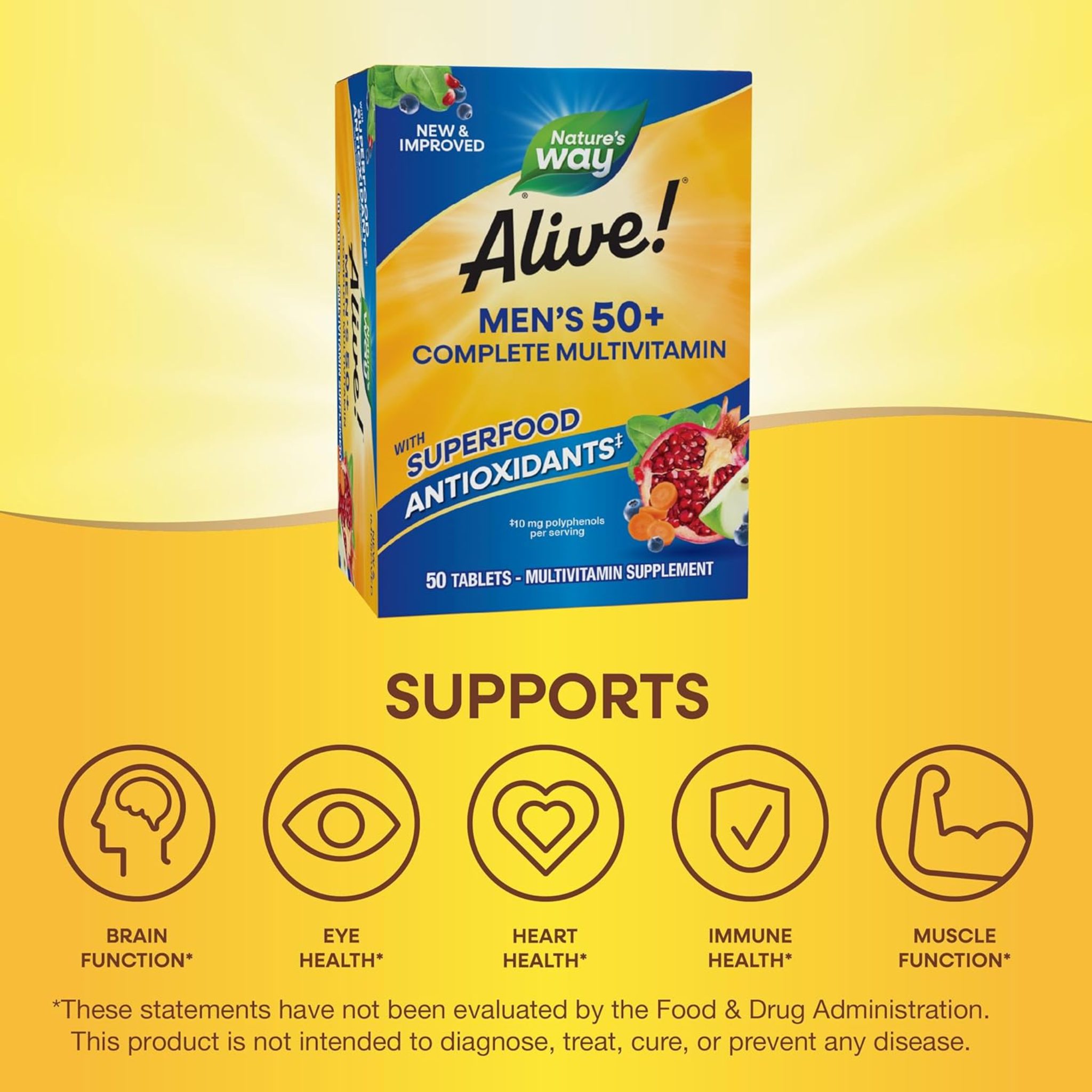 Nature's Way, Alive! Men’s 50+ Complete Multivitamin, Supports Healthy Brain, Eyes & Heart, High Potency B-Vitamins, Gluten-Free, 50 Tablets - Pharmaful