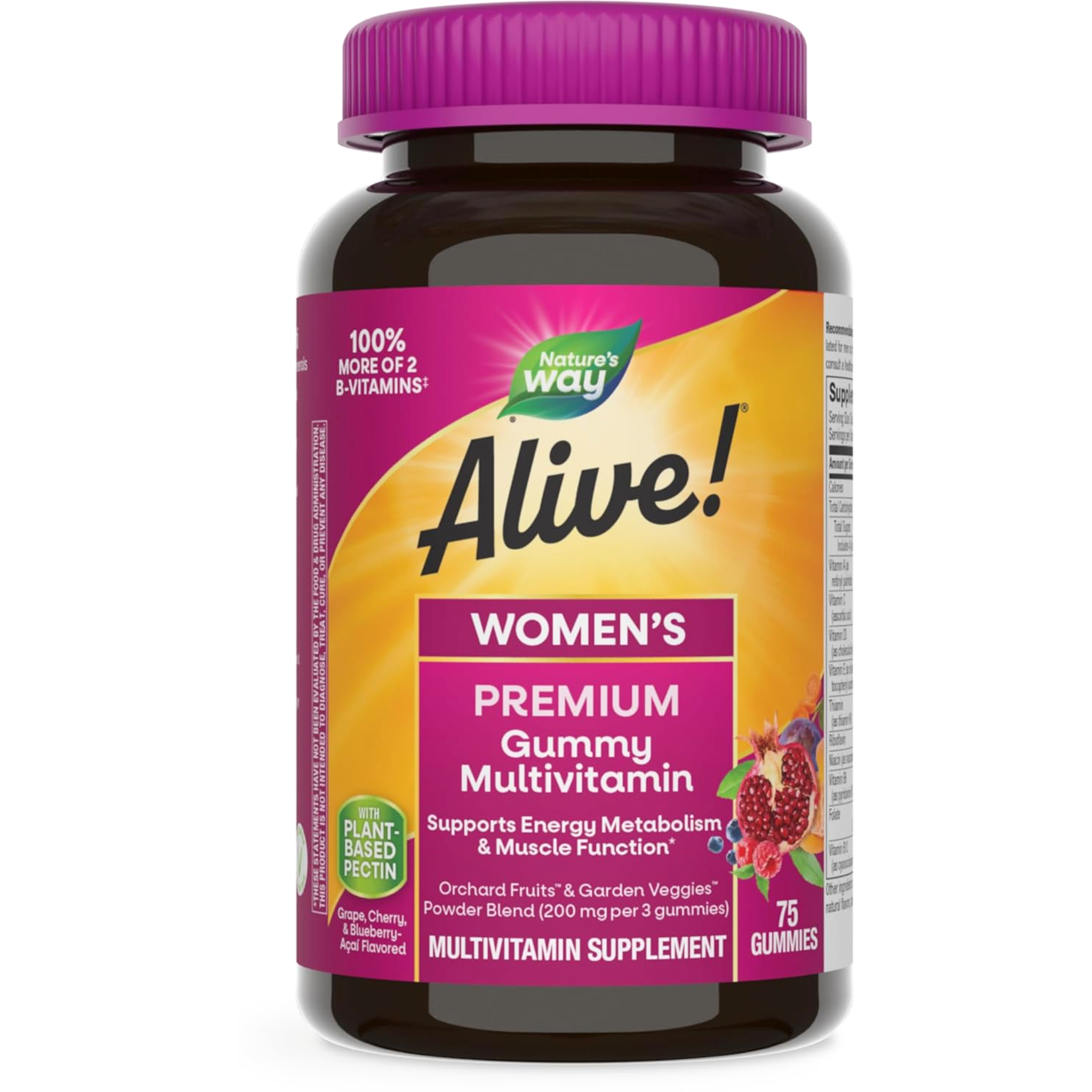 Nature’s Way, Alive! Premium Women’s Gummy Multivitamin, Supports Energy Metabolism, Immune Health, Muscle Function, B-Vitamins, Grape, Cherry & Blueberry-Acai Flavored, 75 Gummies
