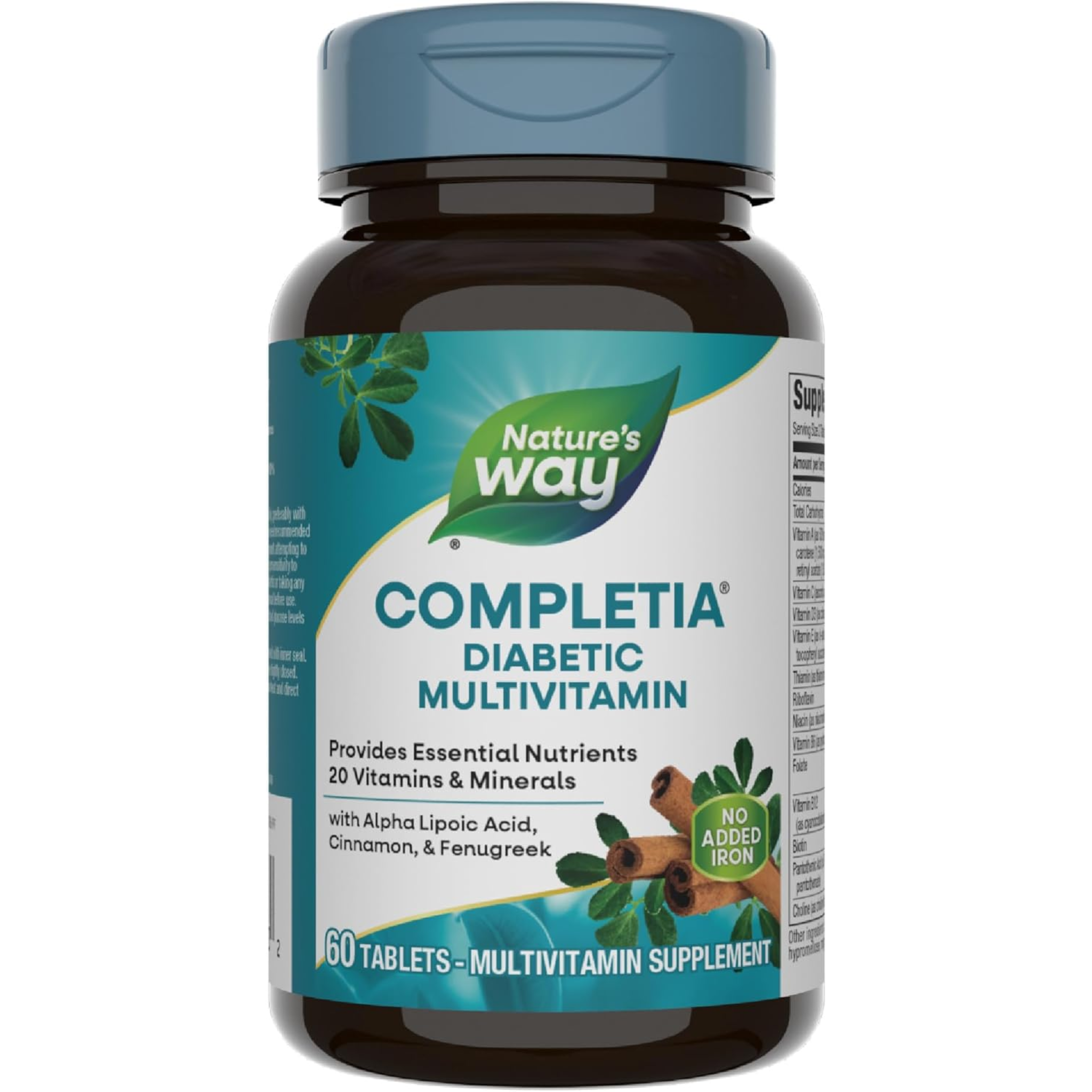 Nature's Way, Completia Diabetic Multivitamin, Essential Nutrients with Alpha Lipoic Acid, Cinnamon, Fenugreek, Taurine, Lutein, High Potency B-Vitamins, 60 Tablets