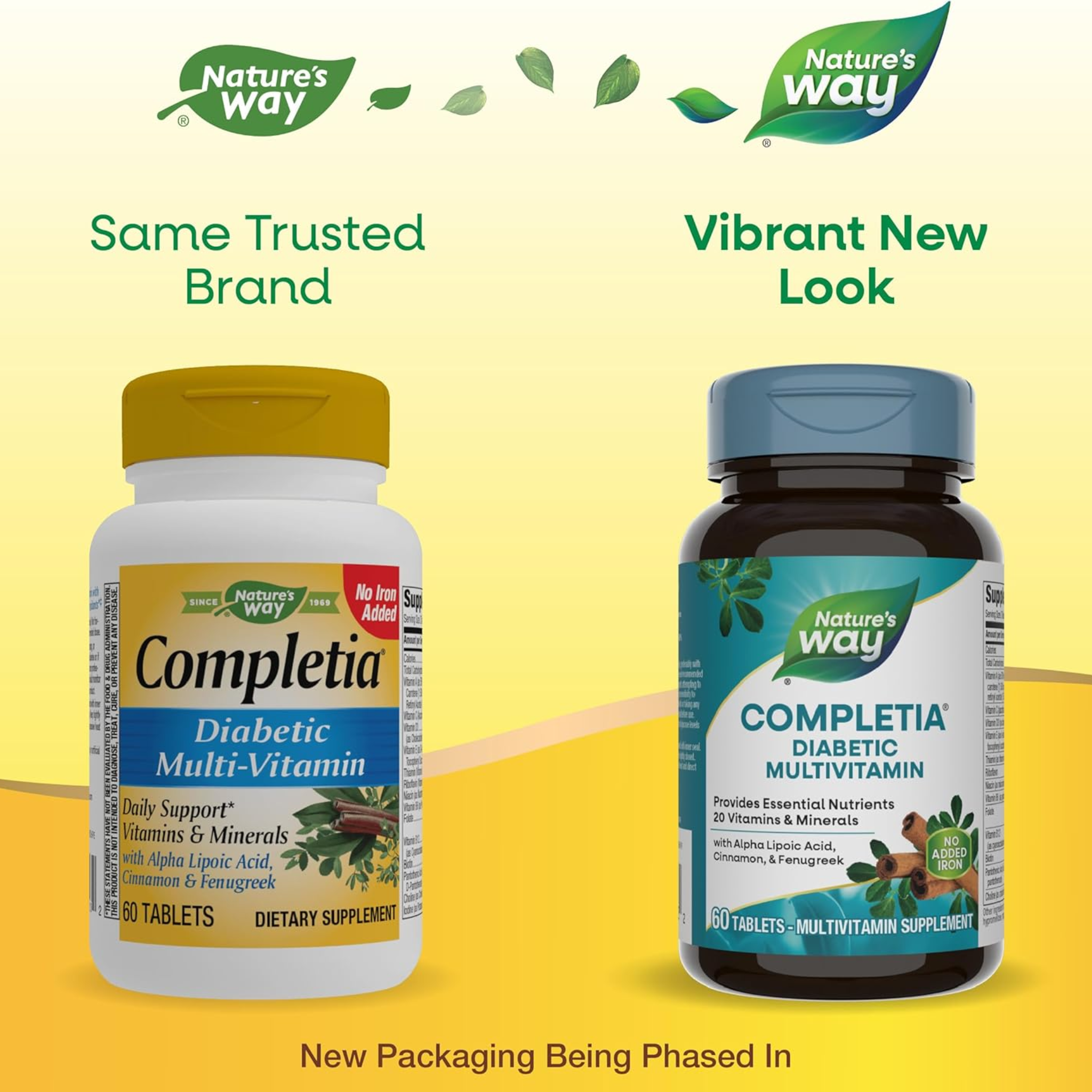 Nature's Way, Completia Diabetic Multivitamin, Essential Nutrients with Alpha Lipoic Acid, Cinnamon, Fenugreek, Taurine, Lutein, High Potency B-Vitamins, 60 Tablets