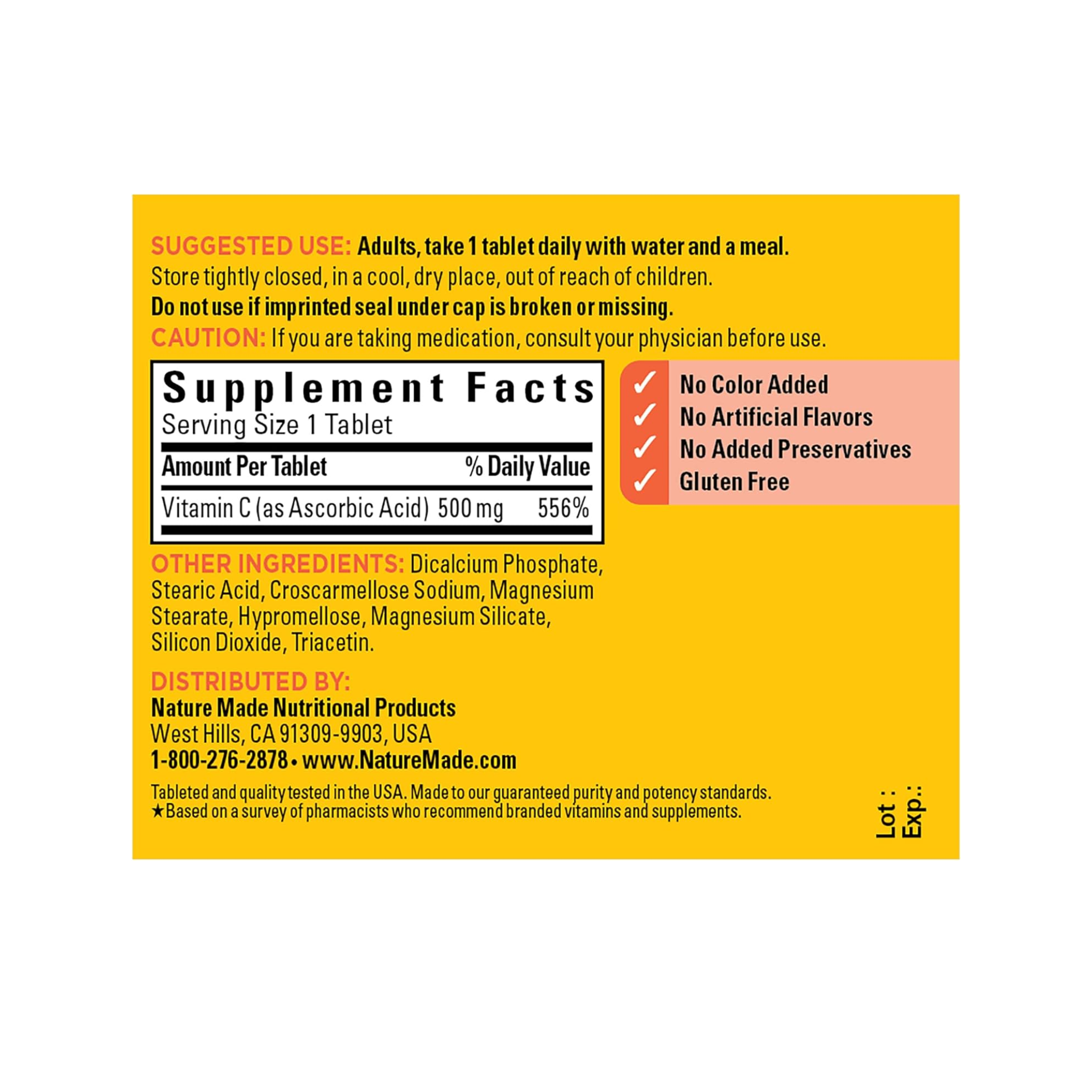Nature Made, Vitamin C 500mg Tablets, Immune Support Dietary Supplement, 100 Ct