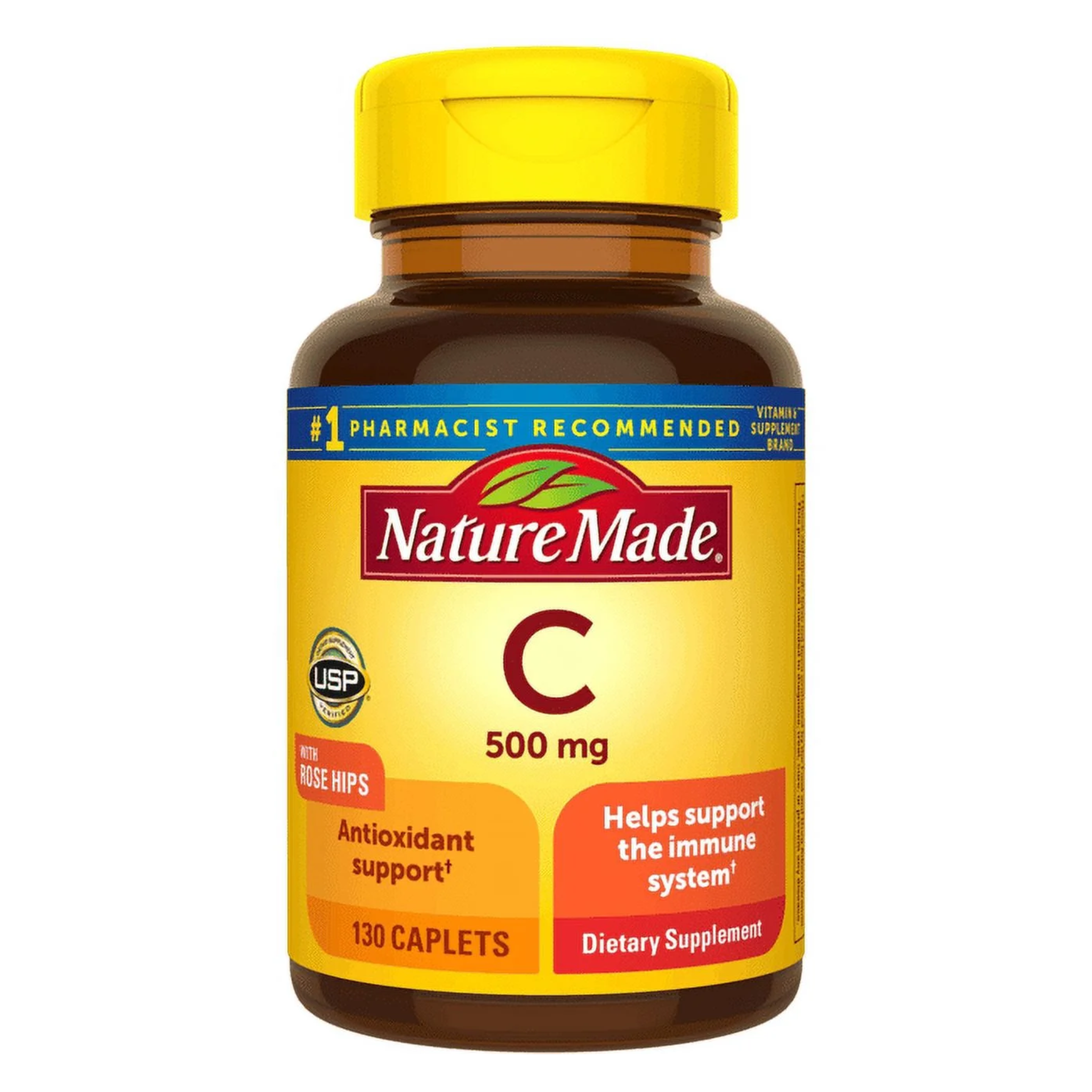 Nature Made, Vitamin C with Rose Hips, 500mg, Immune Support Caplets, 130 Ct